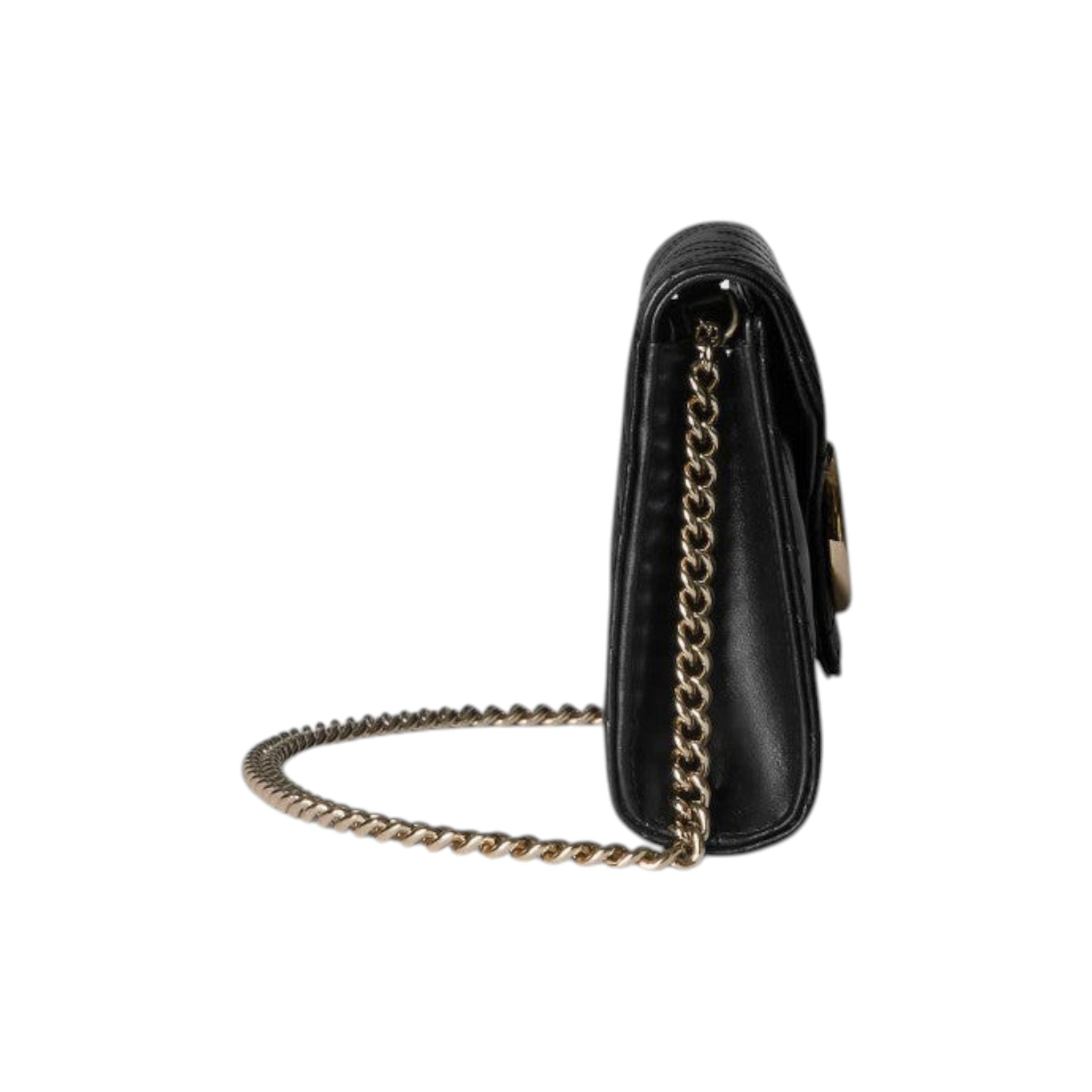 Via Manzoni Boutique black quilted leather wallet on a chain with gold hardware and chevron pattern.