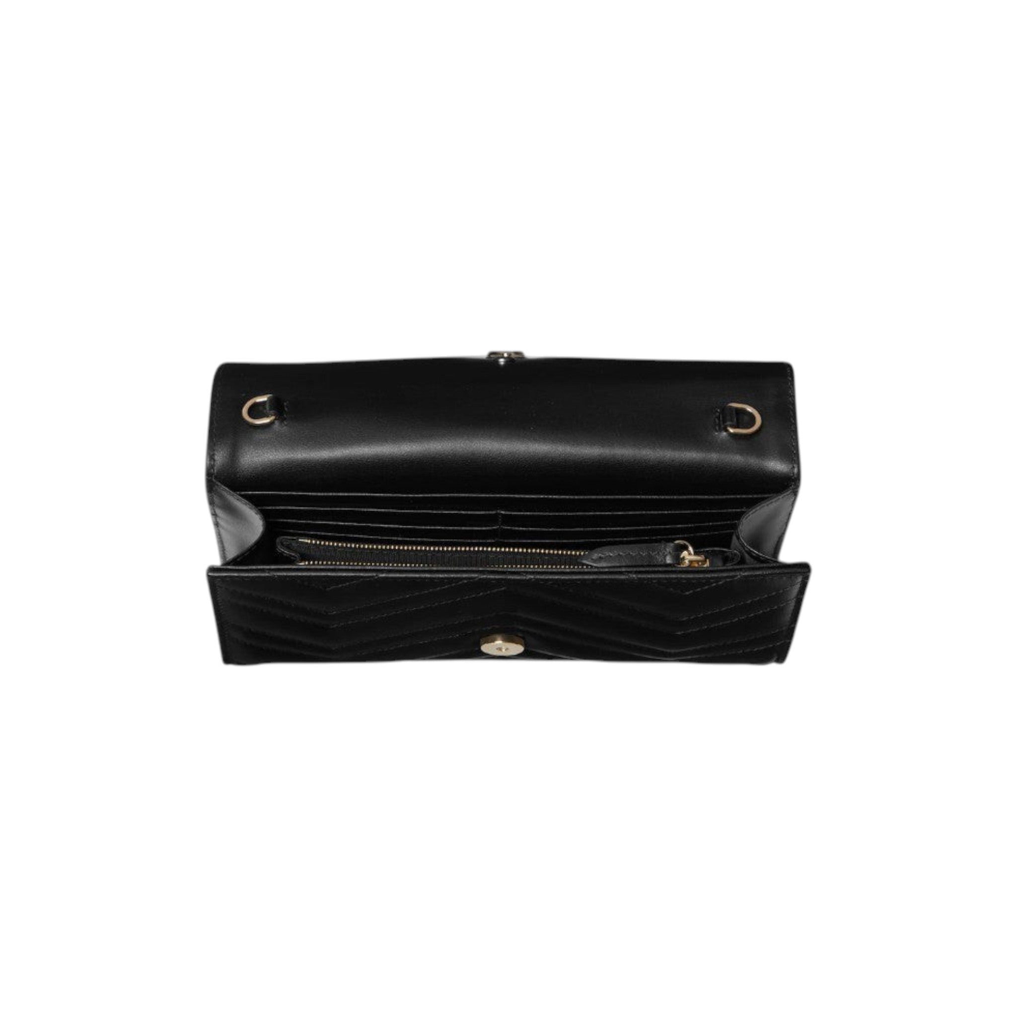Via Manzoni Boutique black quilted leather wallet on a chain with chevron pattern and gold hardware. Interior features card slots and zip pocket.