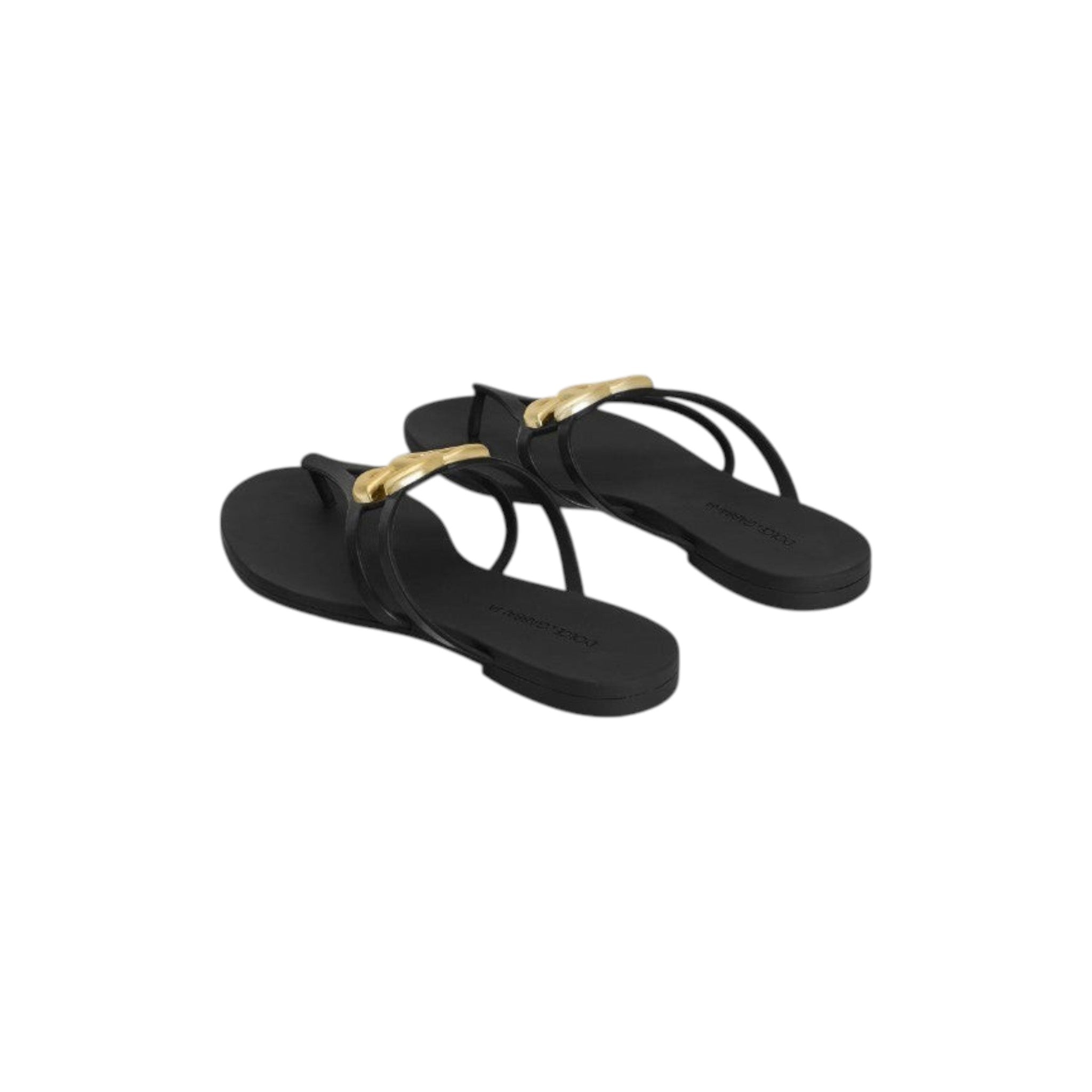 Via Manzoni Boutique black rubber thong sandals with gold-tone DG logo embellishment and thin straps.