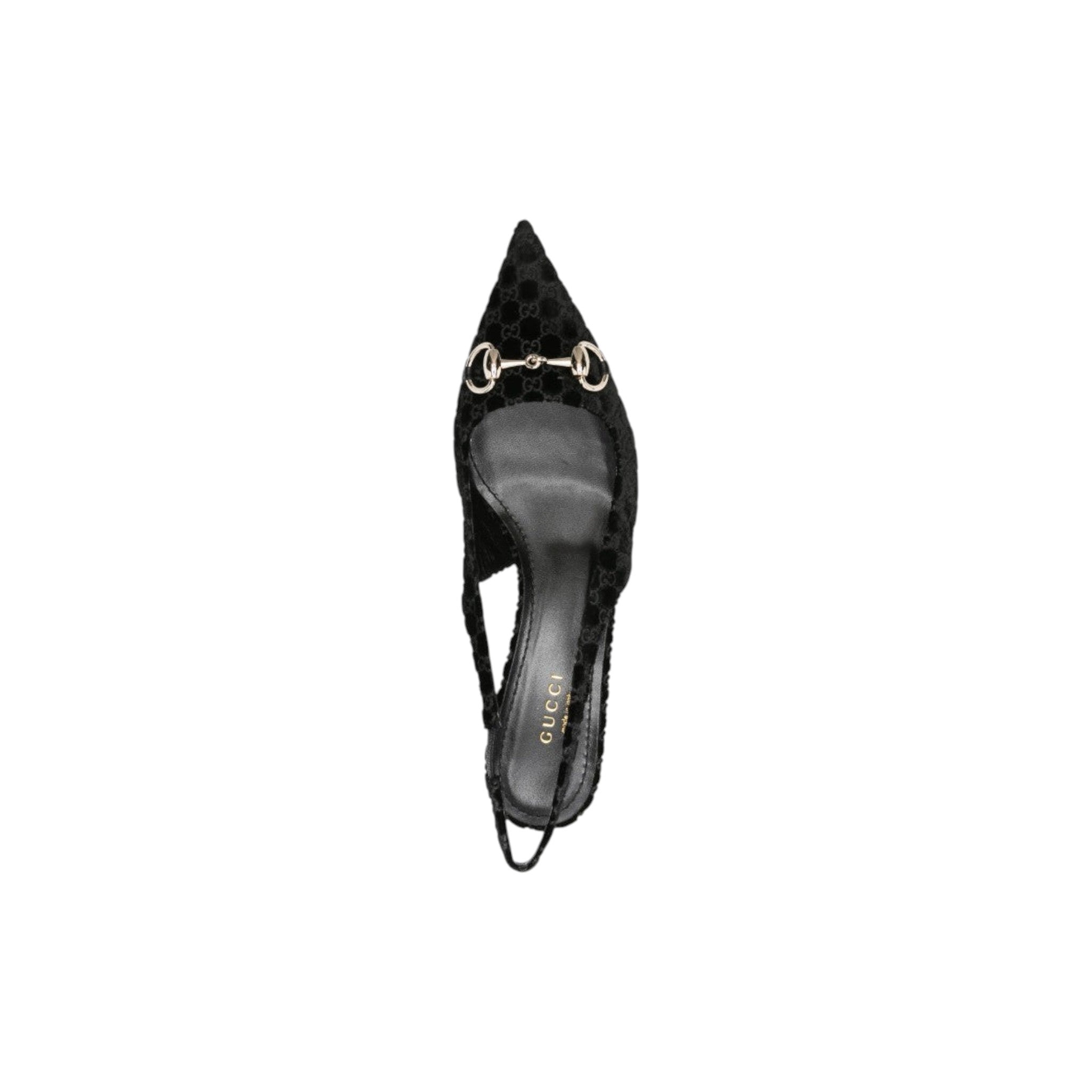 Via Manzoni Boutique black velvet slingback pumps with GG monogram, horsebit detail, and pointed toe.