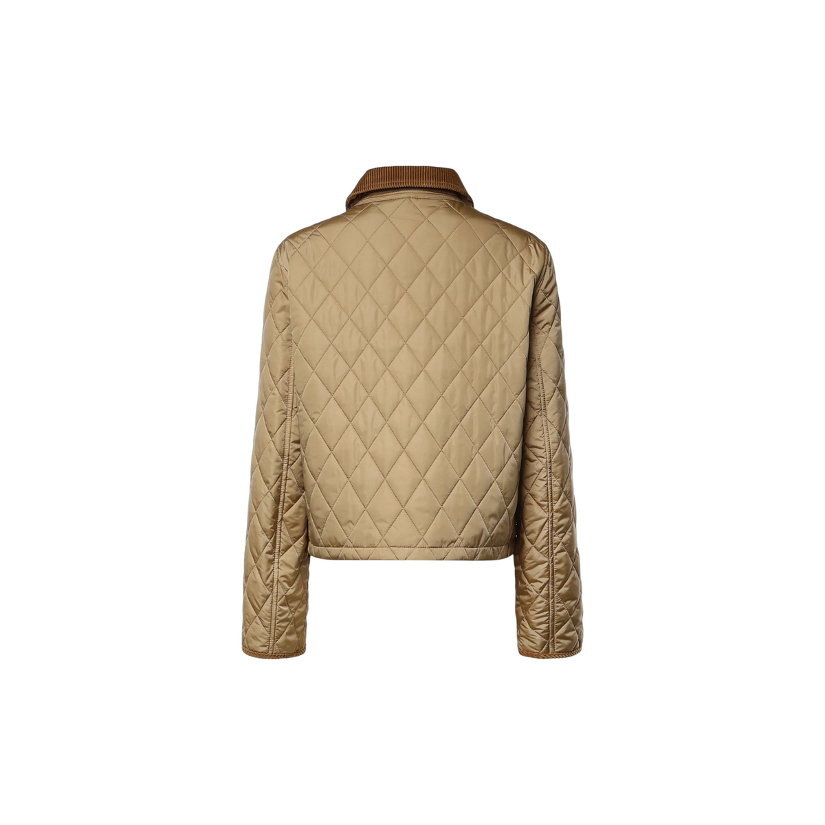 Via Manzoni Boutique camel diamond-quilted jacket with a brown corduroy collar, shown from the back view.