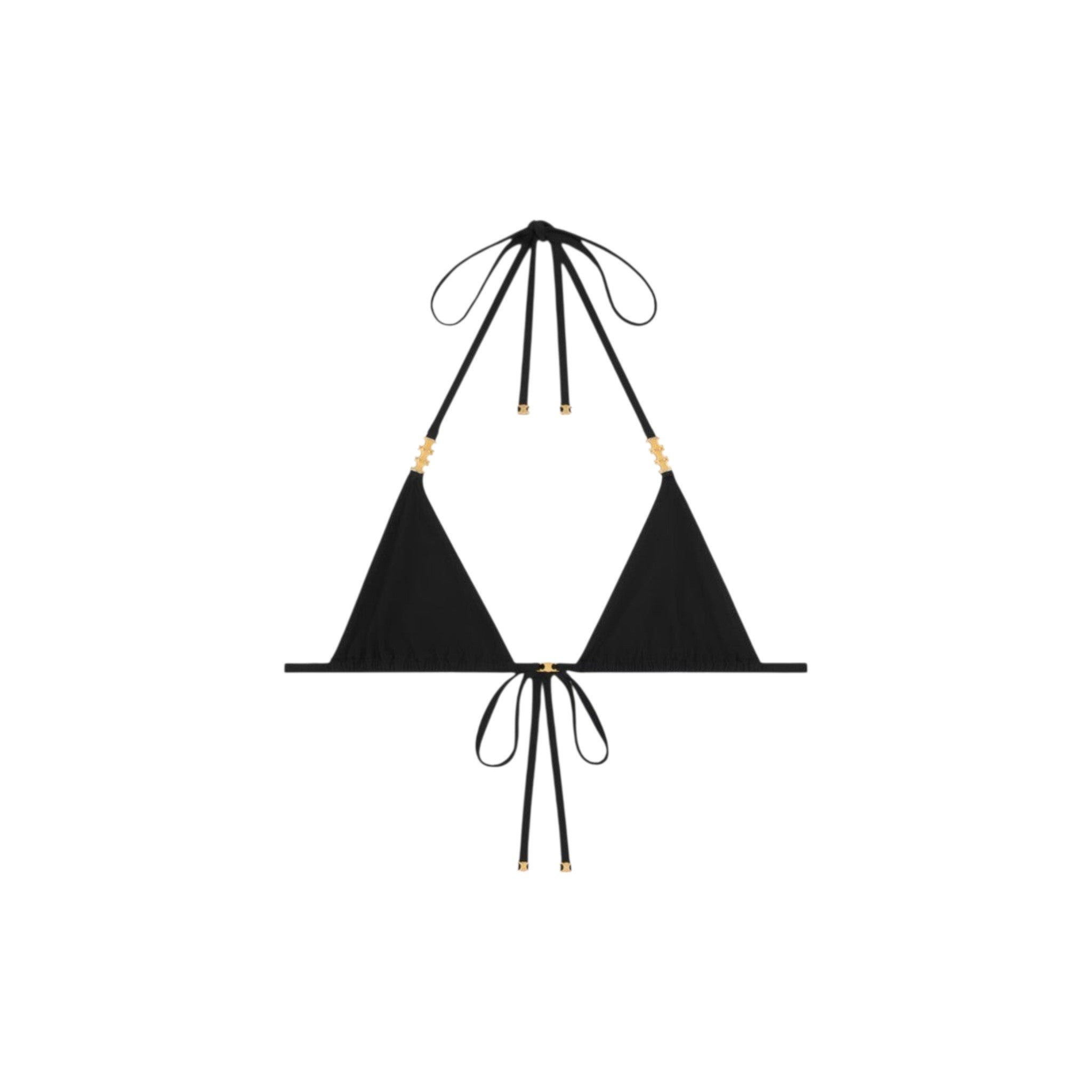 Via Manzoni Boutique black CELINE triangle bikini top with gold-tone hardware accents and adjustable halter ties.