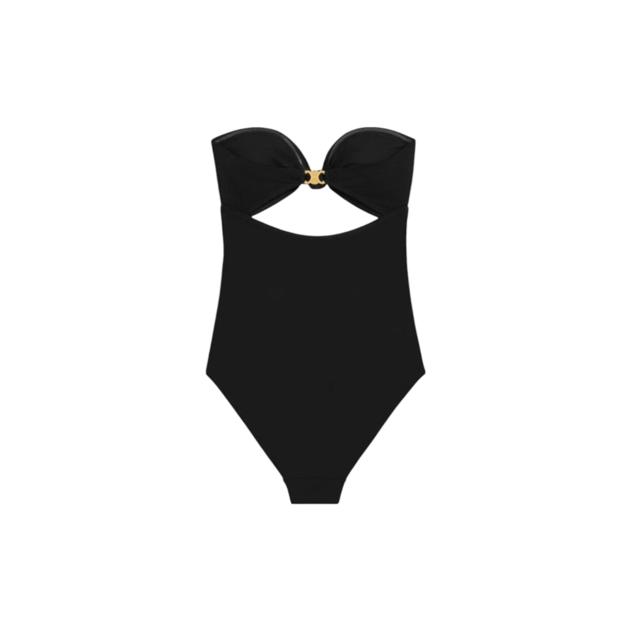 Via Manzoni Boutique black CELINE one-piece swimsuit featuring a midsection cutout and gold-tone hardware detail.