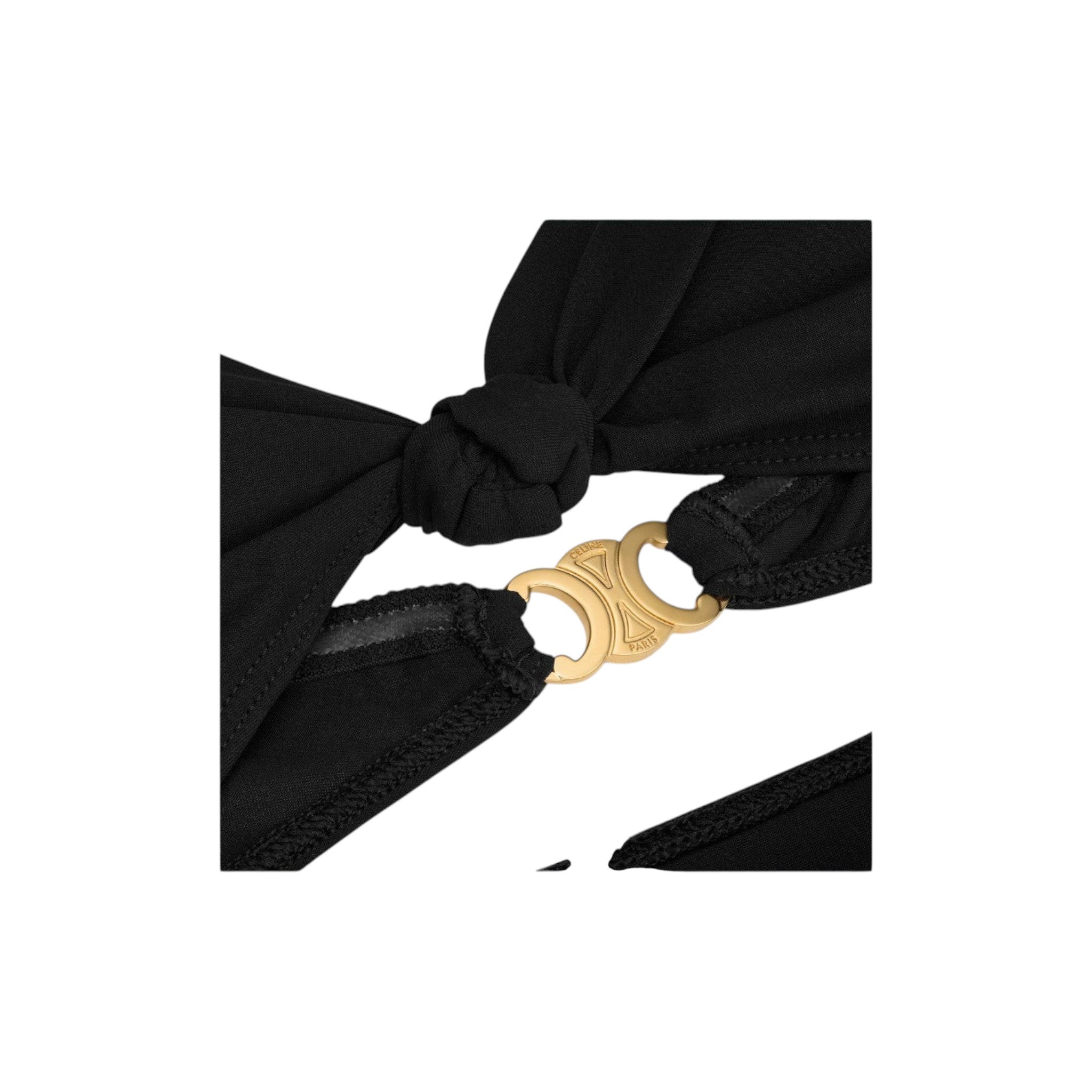 Via Manzoni Boutique CELINE black one-piece swimsuit featuring a knotted fabric detail and signature gold-tone hardware