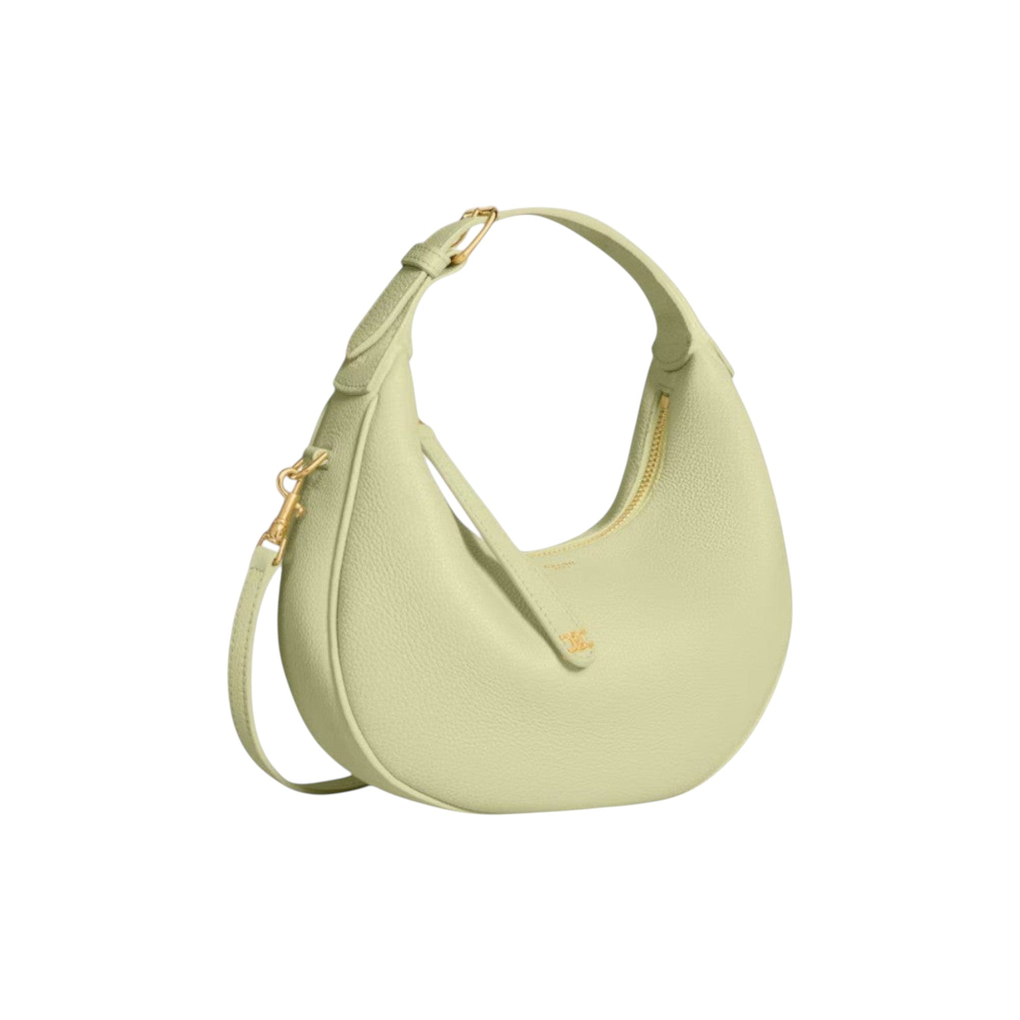 Via Manzoni Boutique CELINE small crescent hobo bag in pale lime grained leather with gold-tone hardware and strap.