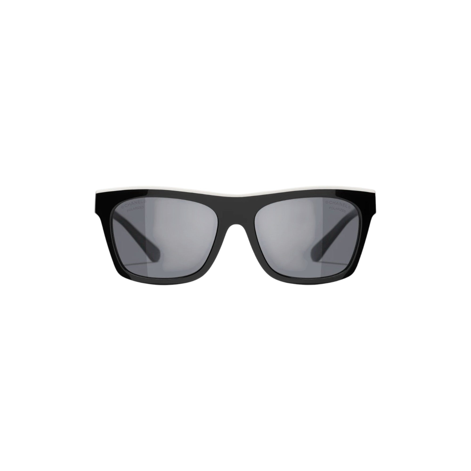 Via Manzoni Boutique Chanel black acetate rectangular sunglasses with white top rim and grey polarized lenses.