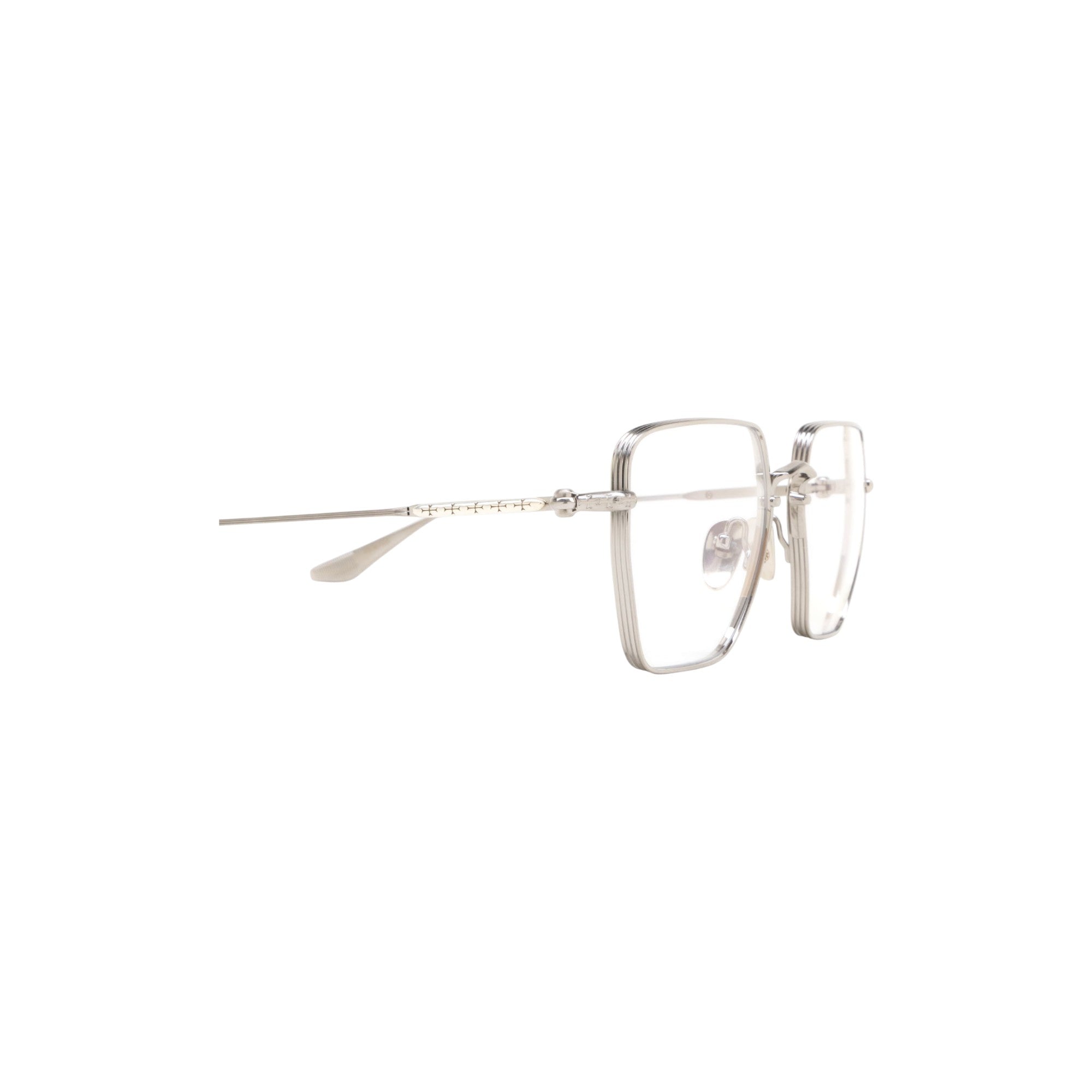 Via Manzoni Boutique Chrome Hearts LIPSDICK square eyeglasses in silver titanium with intricate sterling silver details.