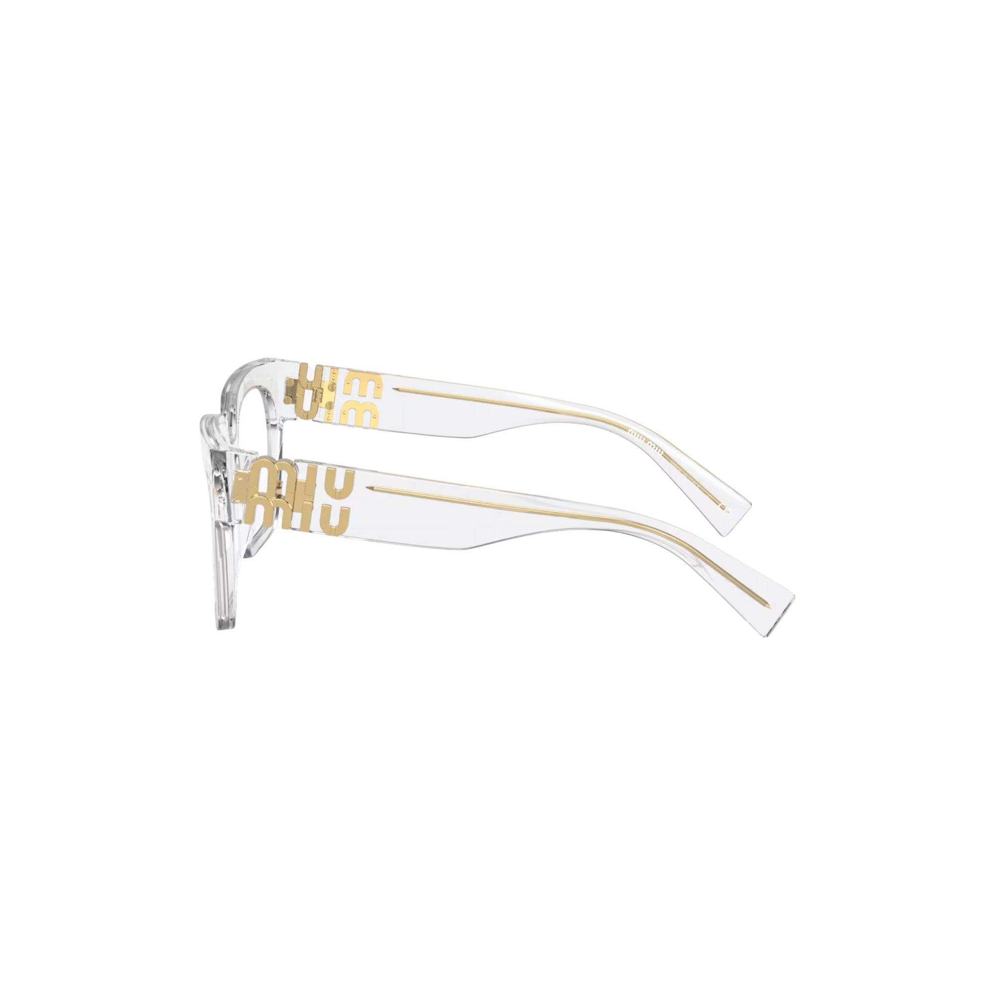 Via Manzoni Boutique clear acetate eyeglasses with gold Miu Miu logo temples, side profile view