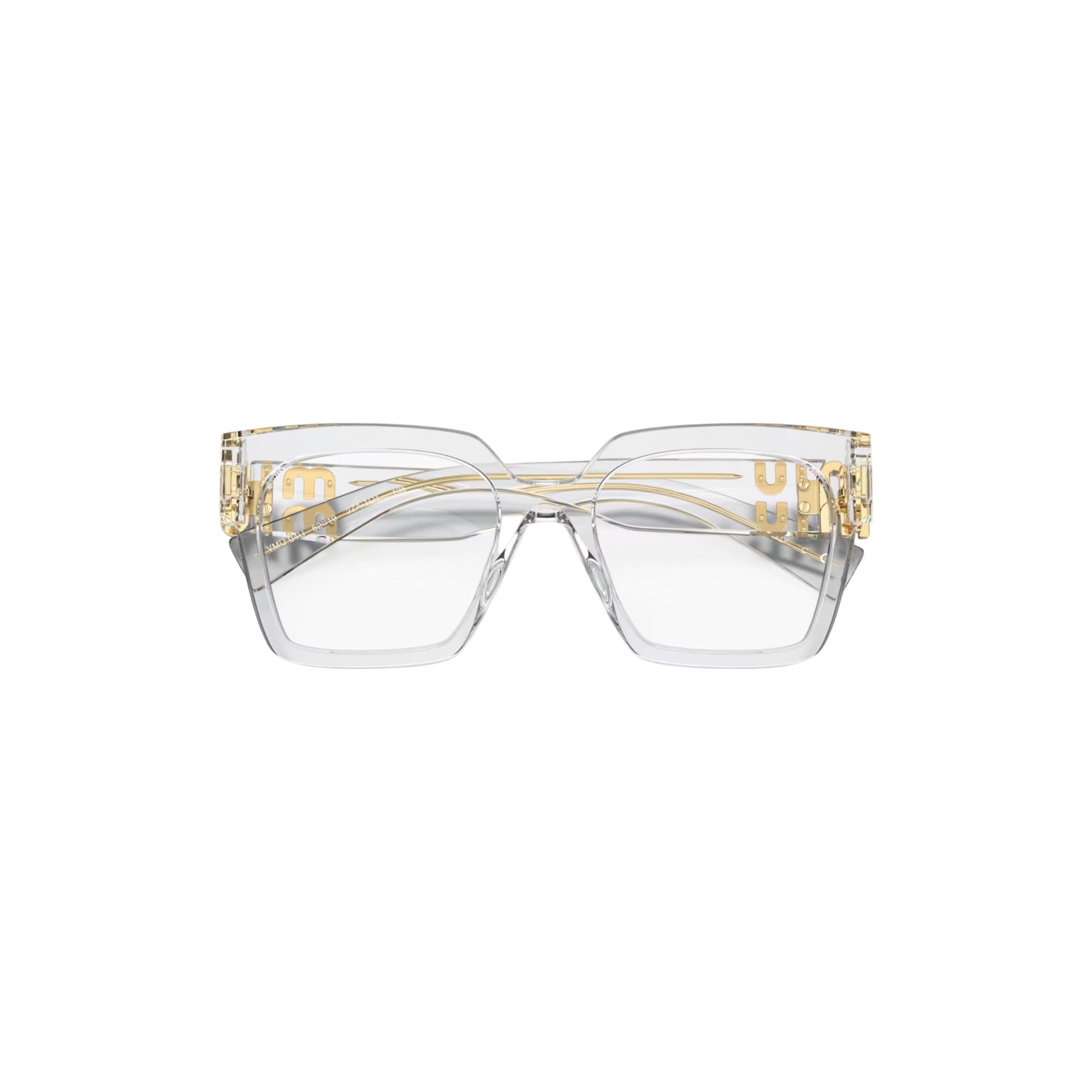 Via Manzoni Boutique clear square frame glasses with gold metal temple details and logo accents