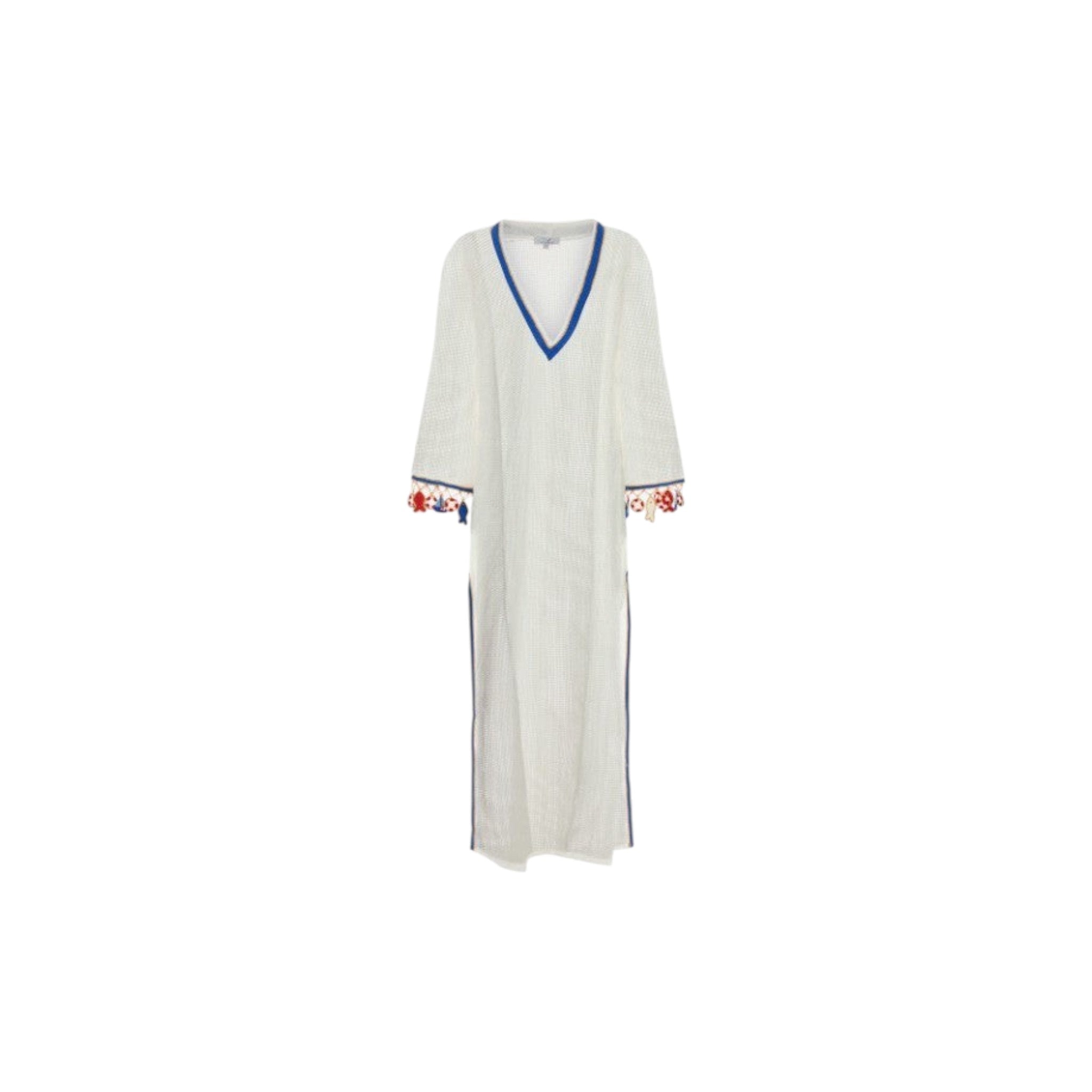 Via Manzoni Boutique white crochet beach cover-up with blue V-neck, side trim, and nautical charm sleeve details.