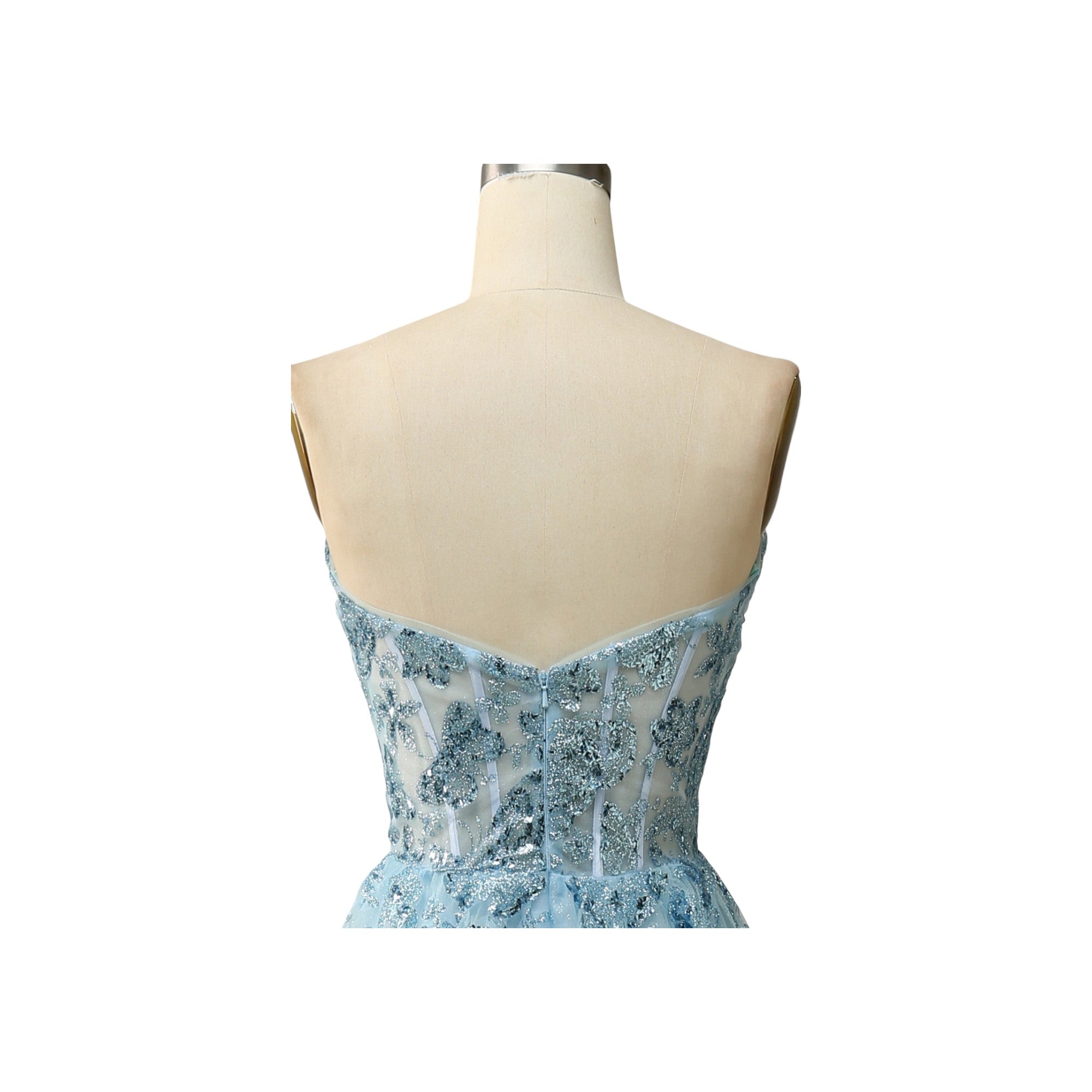Via Manzoni Boutique dusty blue tulle prom dress with floral embroidery and corset lace-up back.