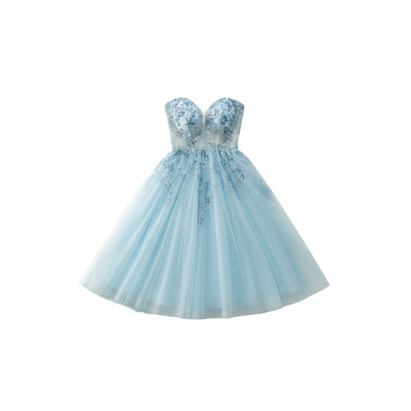 Exquisite Floral Embroidered Tulle Prom Dress in Dusty Blue