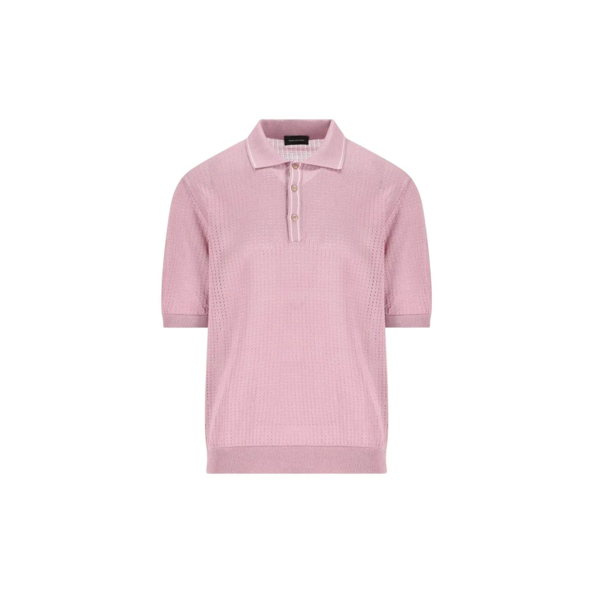 Via Manzoni Boutique dusty pink Tagliatore open-knit polo shirt with white tipped collar and short sleeves.