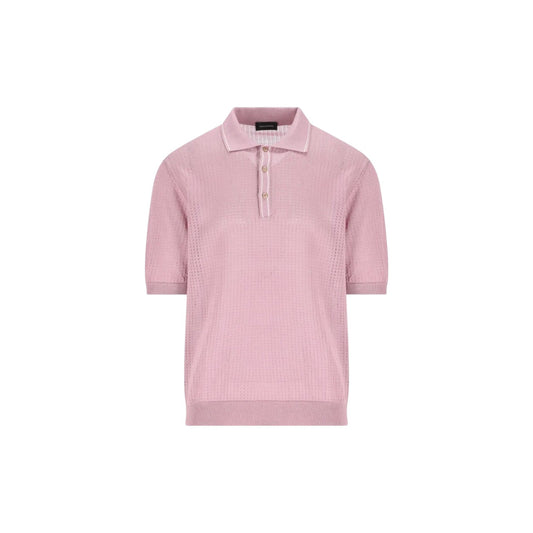 Via Manzoni Boutique dusty pink Tagliatore open-knit polo shirt with white tipped collar and short sleeves.