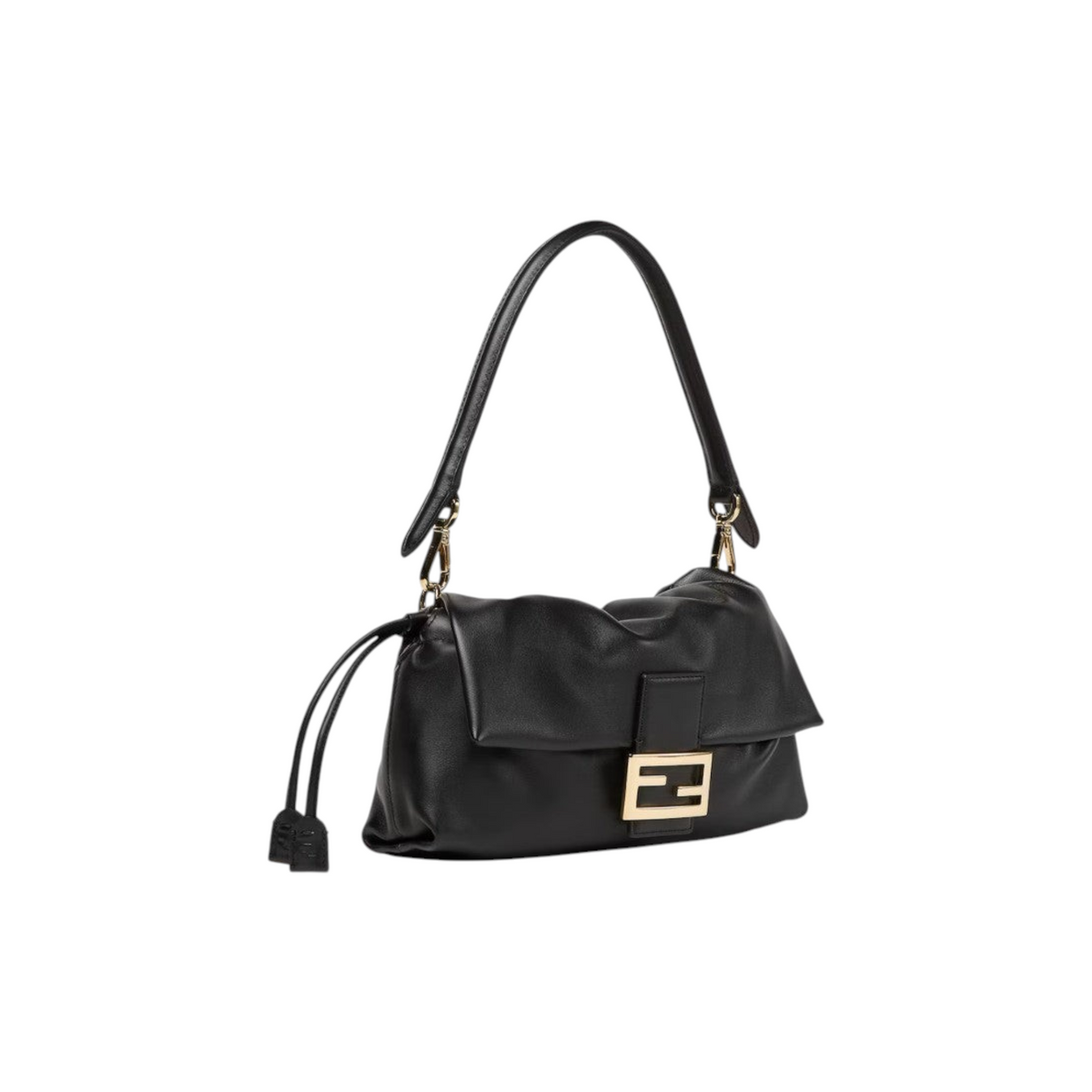 Via Manzoni Boutique FENDI black leather shoulder bag with gold-tone logo hardware and a slouchy silhouette.