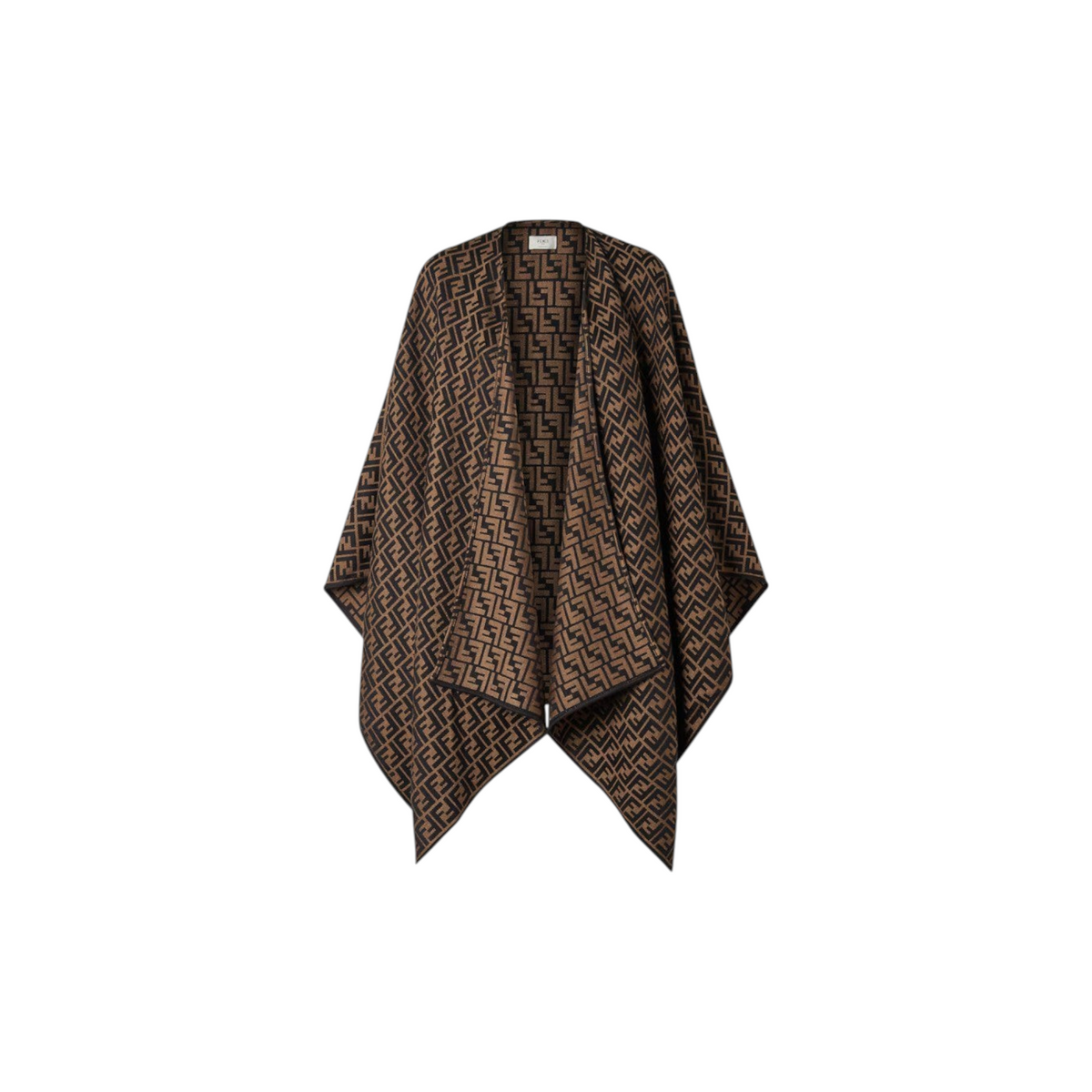 Via Manzoni Boutique FENDI monogram jacquard wool blend poncho in brown and black with a draped silhouette.