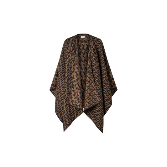 Via Manzoni Boutique FENDI monogram jacquard wool blend poncho in brown and black with a draped silhouette.