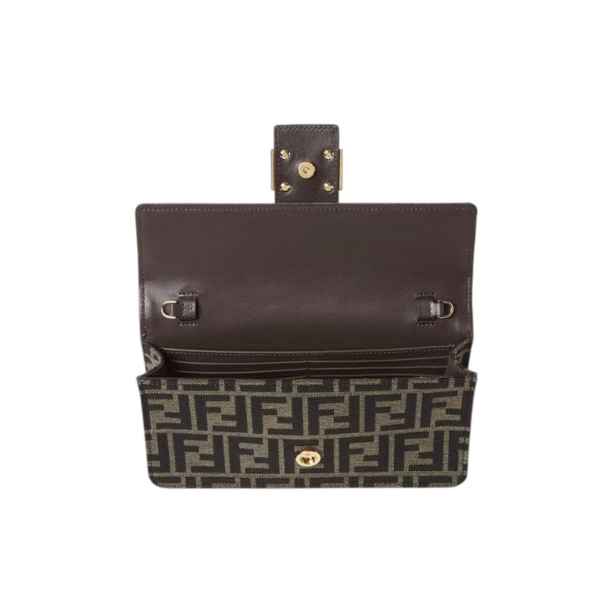 Via Manzoni Boutique Fendi monogram shoulder bag in brown fabric with gold hardware and open interior card slots