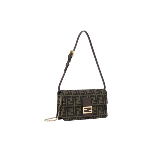 Via Manzoni Boutique Fendi monogram shoulder bag in brown fabric with gold-toned hardware and adjustable leather strap