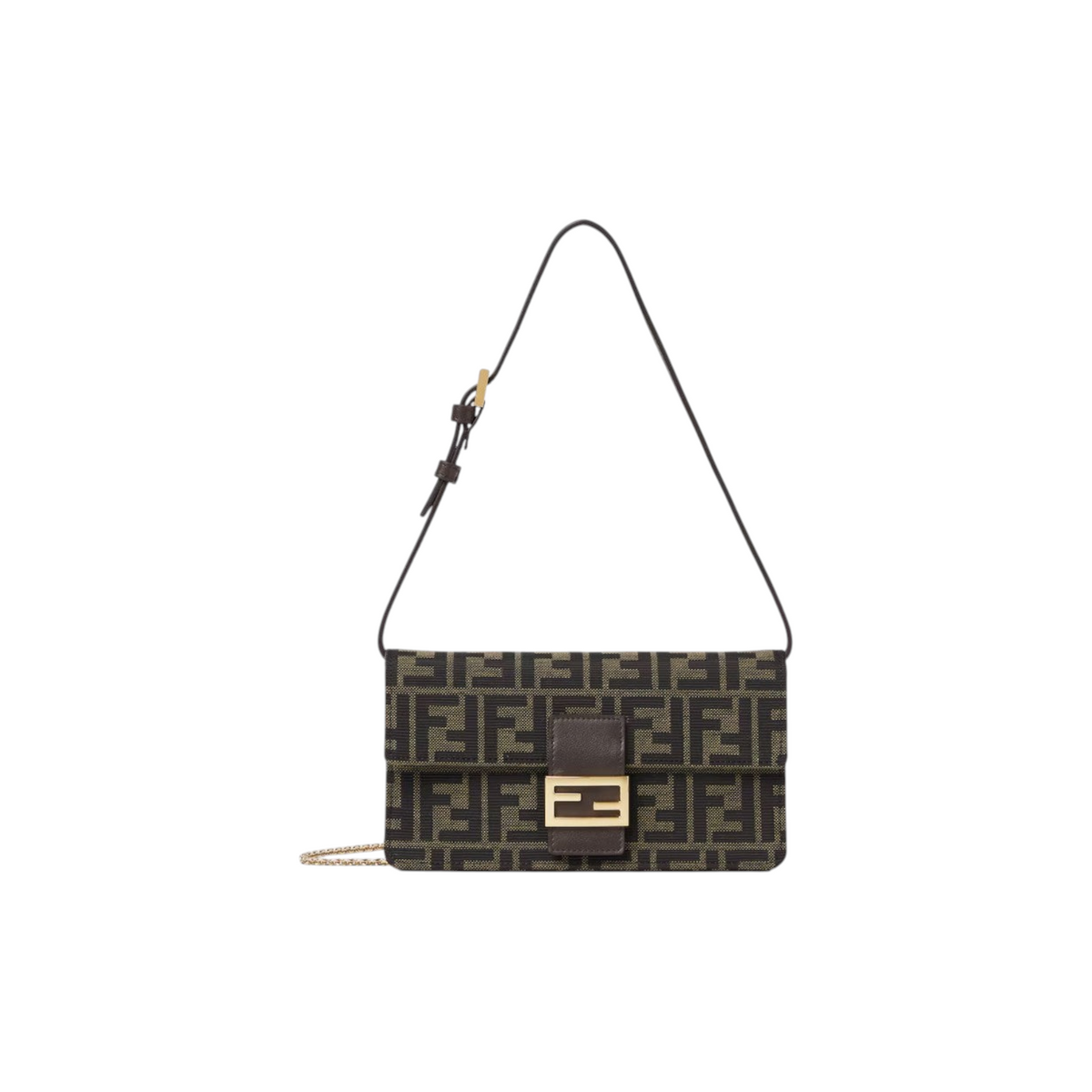 Via Manzoni Boutique Fendi shoulder bag in brown monogram fabric with gold hardware and adjustable leather strap