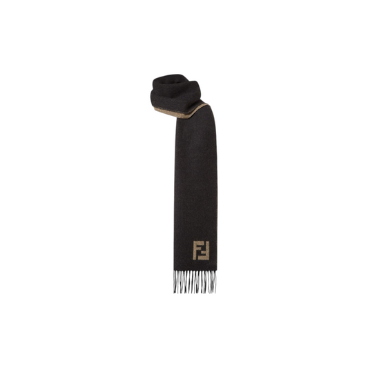 Via Manzoni Boutique FENDI reversible wool blend scarf in charcoal and beige with fringe and logo detail.