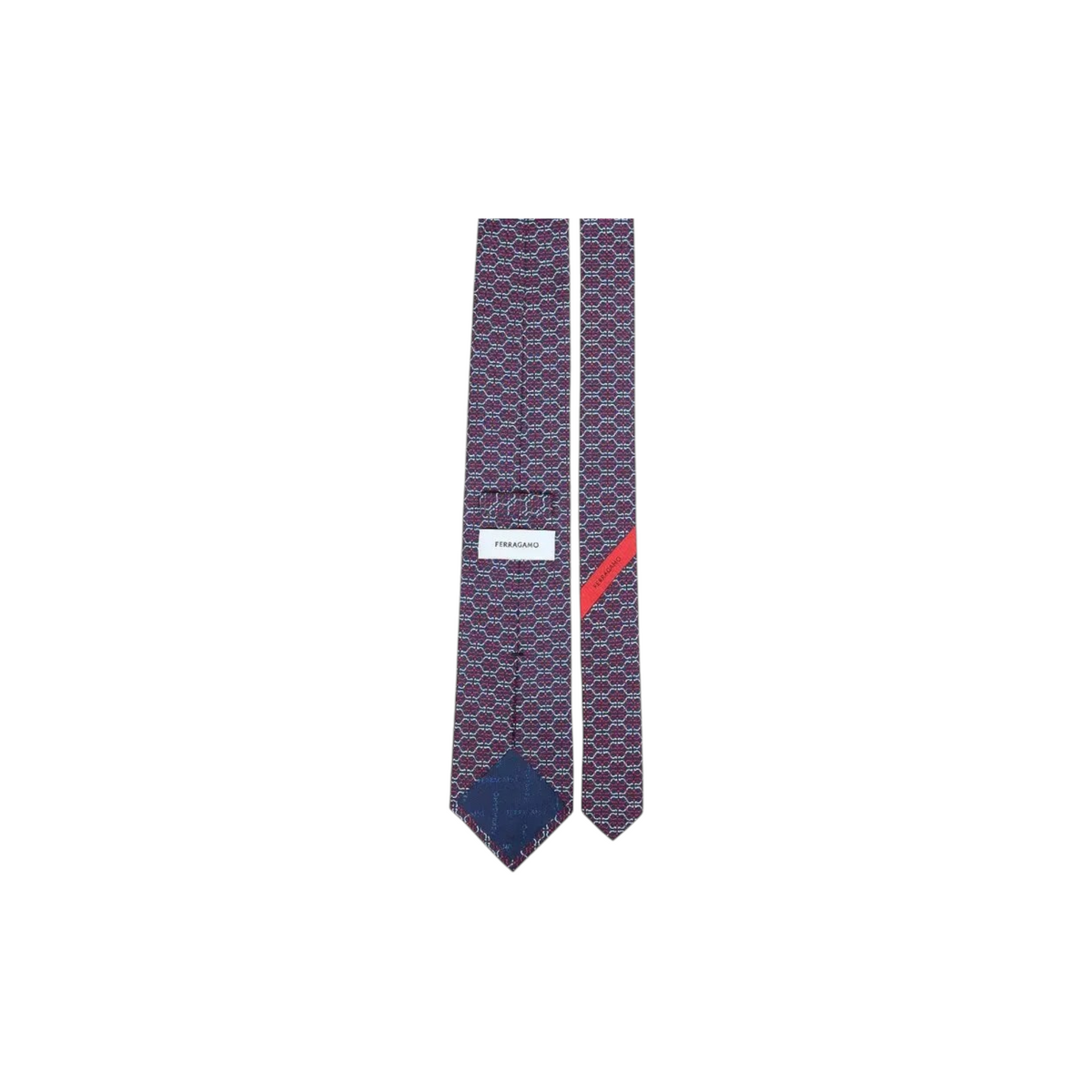 Via Manzoni Boutique Ferragamo navy silk necktie with magenta and teal geometric pattern and branded reverse label