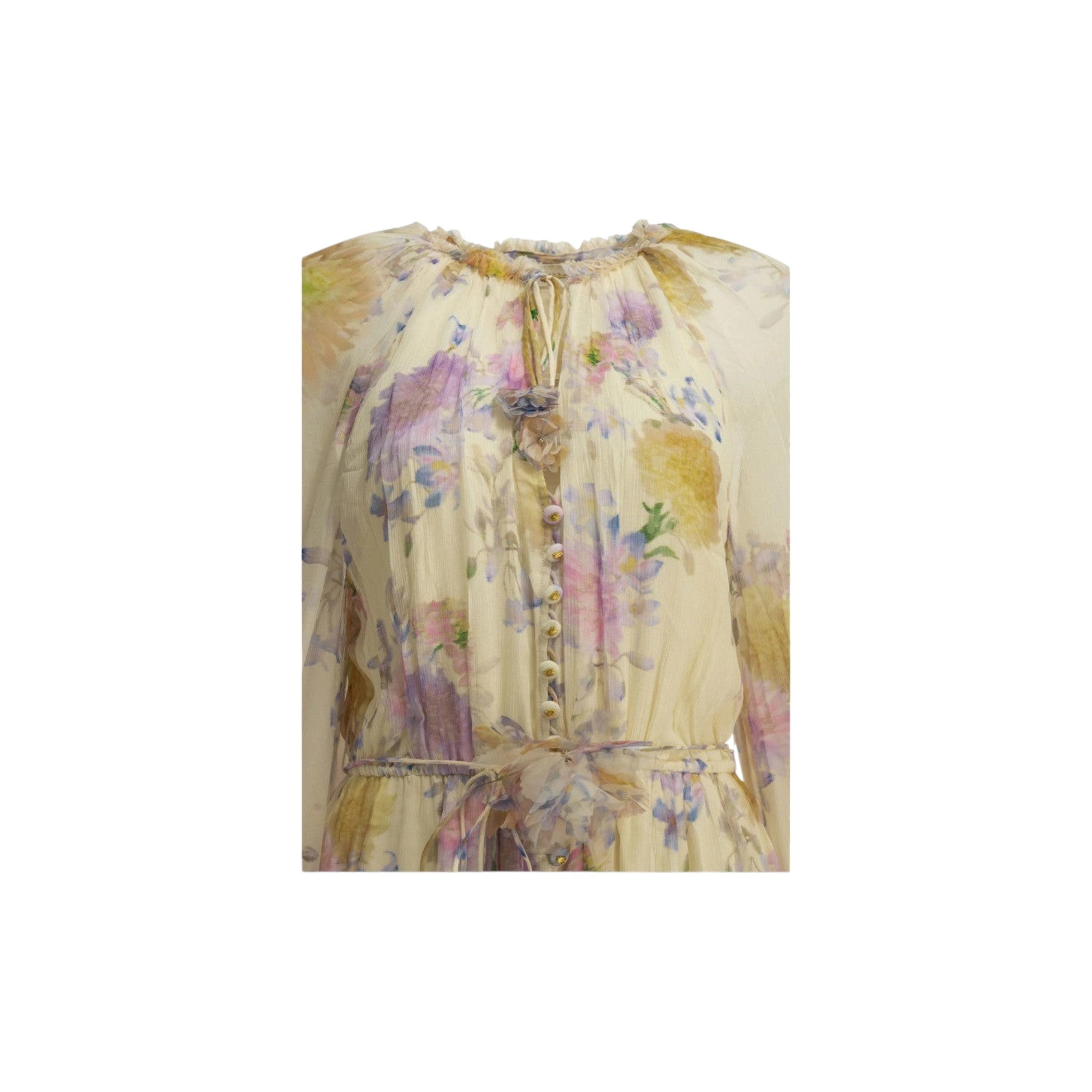 Via Manzoni Boutique floral print chiffon mini dress with ruffle trim, pearl buttons, and fabric flower detail.