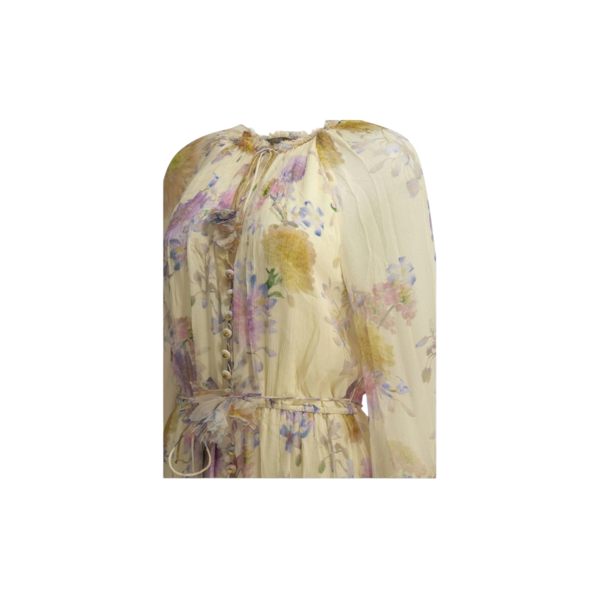 Via Manzoni Boutique ivory chiffon mini dress with floral print, ruffle trim, tie neck, pearl buttons, and fabric flower accent.