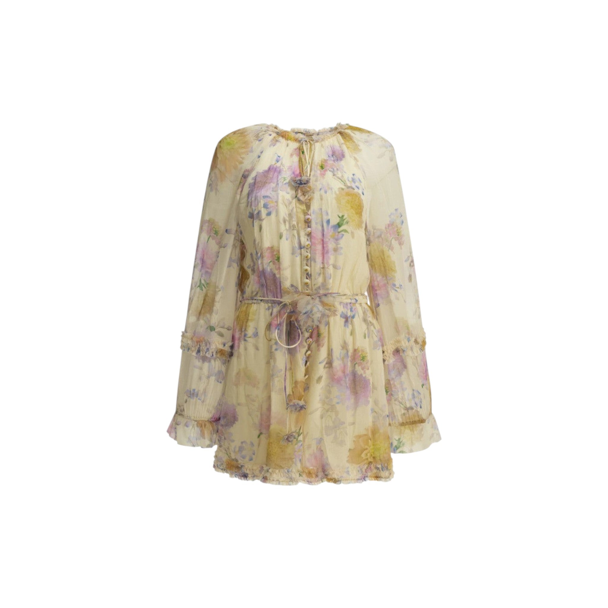 Via Manzoni Boutique floral print chiffon mini dress with ruffle trim, tie neck, pearl buttons, and billowy sleeves.