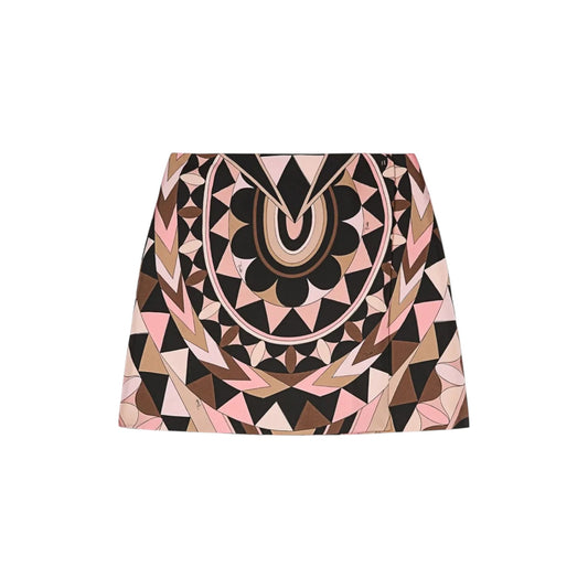 Via Manzoni Boutique pink, brown, and black geometric print silk blend mini skirt with A-line silhouette.