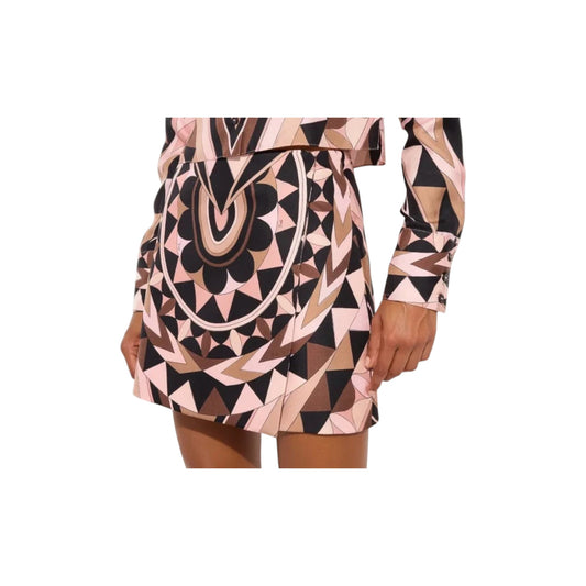 Via Manzoni Boutique pink, brown, and black geometric print silk blend mini skirt with A-line silhouette.