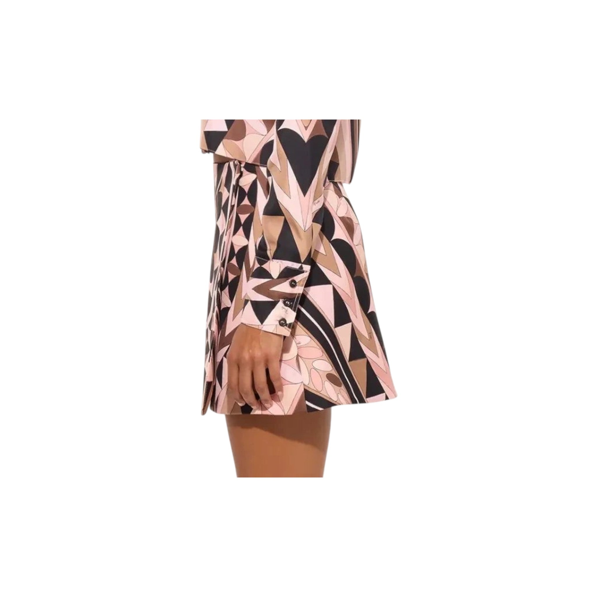 Via Manzoni Boutique pink, brown, and black geometric print silk blend mini skirt with A-line silhouette.