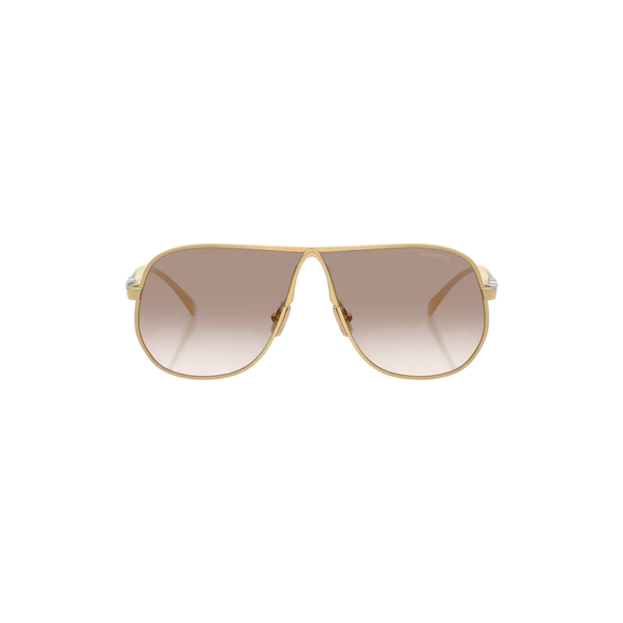 Via Manzoni Boutique gold metal pilot sunglasses with clear gradient brown lenses and signature temple detailing.