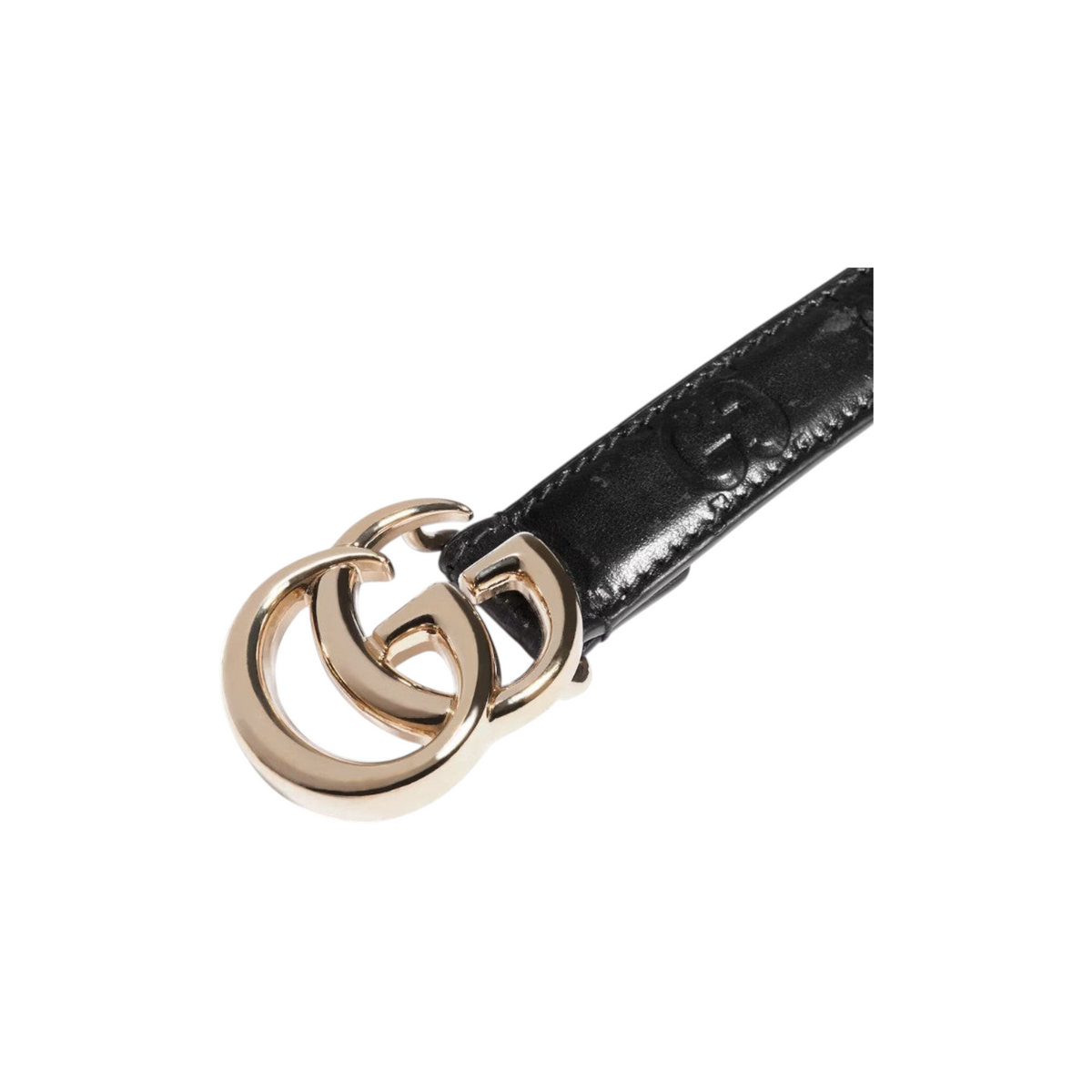 Via Manzoni Boutique black leather Gucci belt with embossed monogram pattern and polished gold-tone double-G buckle.
