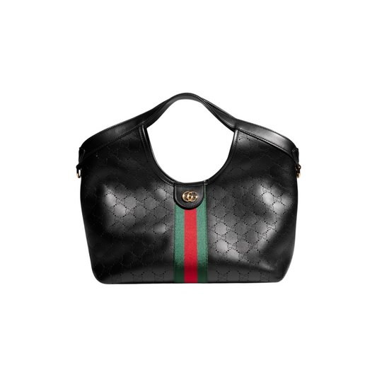 Via Manzoni Boutique Gucci Giglio small black perforated leather tote bag with signature Web stripe and Double G logo.