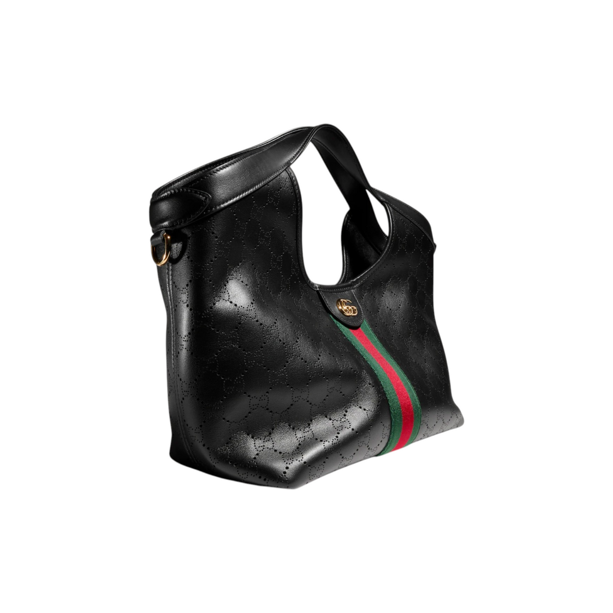 Via Manzoni Boutique Gucci Giglio small black perforated leather tote bag with Web stripe and gold Double G hardware