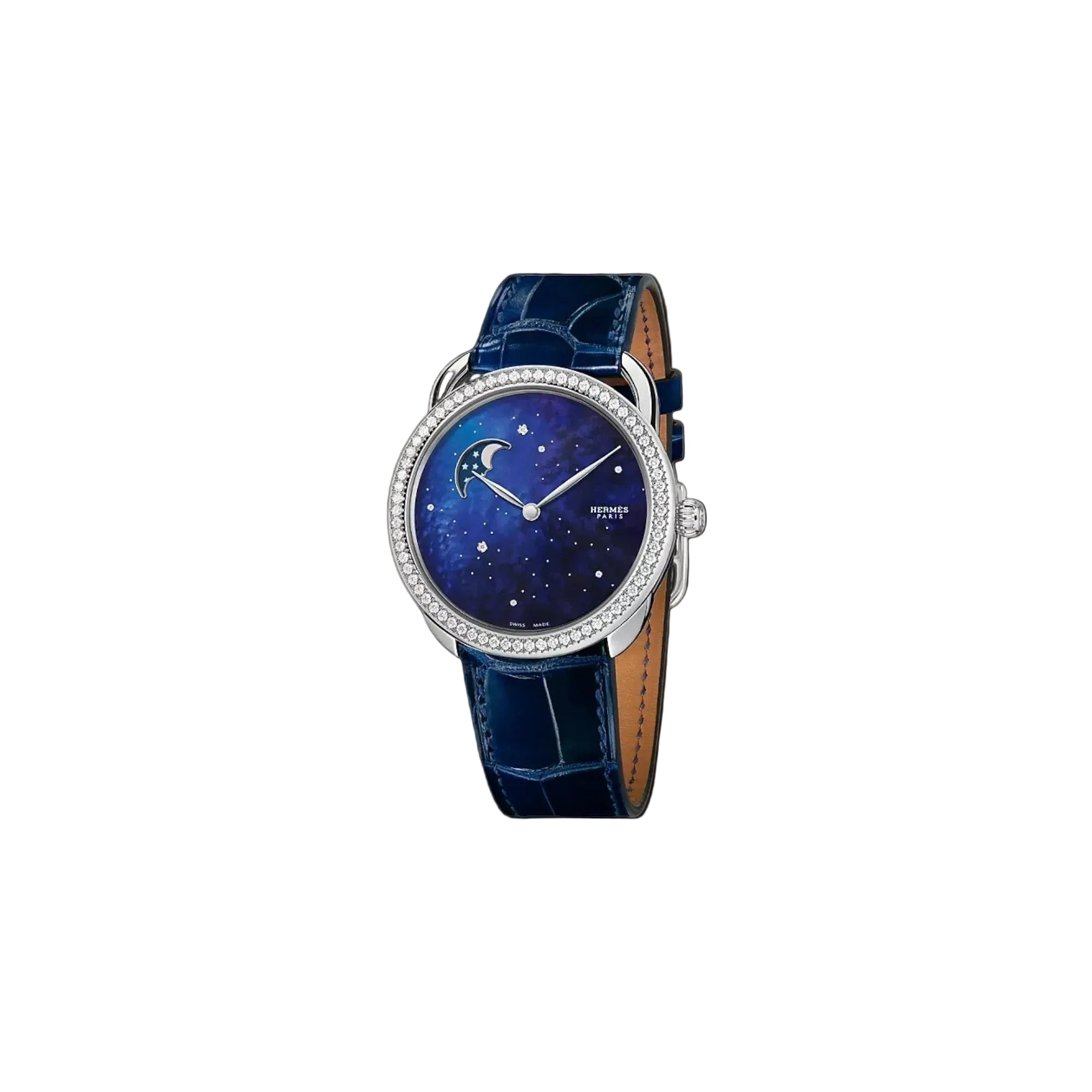 Via Manzoni Boutique Hermès Arceau Petite Lune watch with blue mother-of-pearl dial, diamond bezel, and alligator strap
