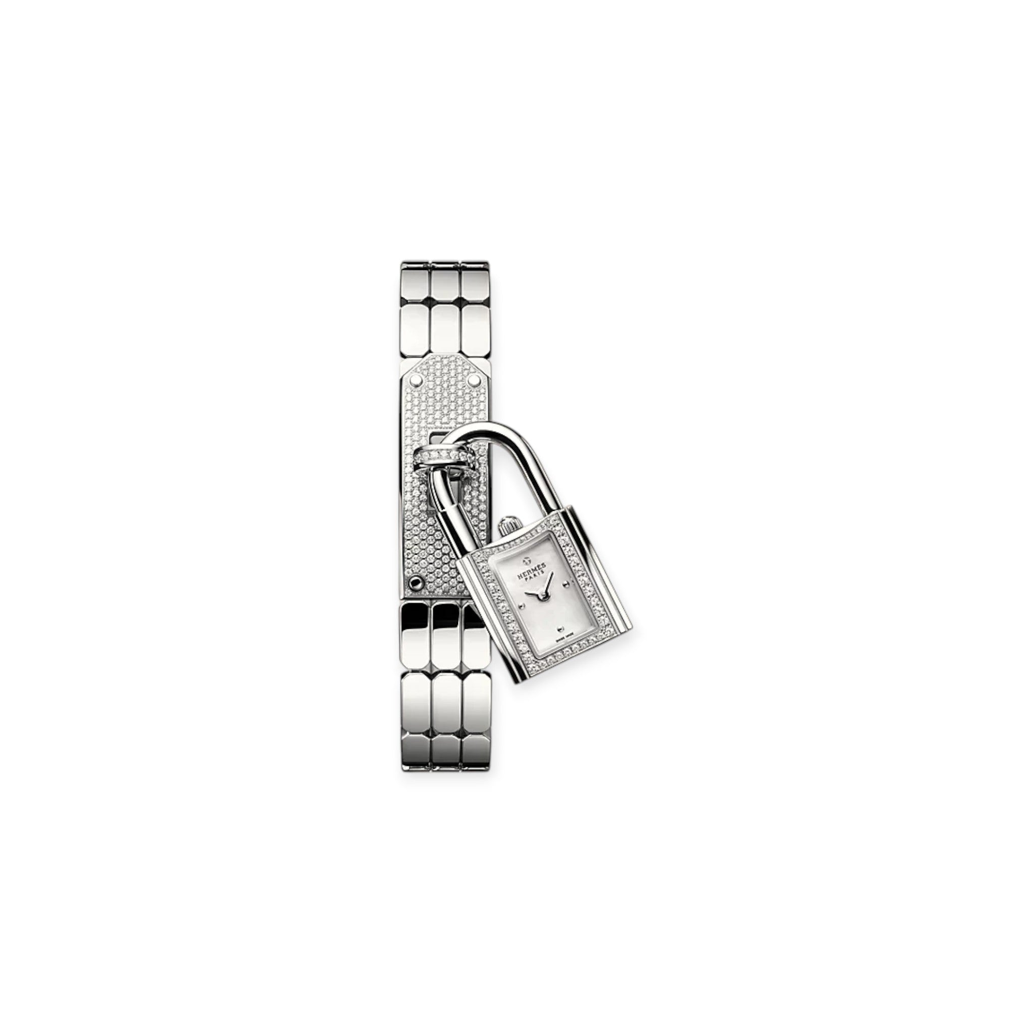 Via Manzoni Boutique Hermès Kelly watch in stainless steel with a diamond-set padlock case and matching link bracelet.