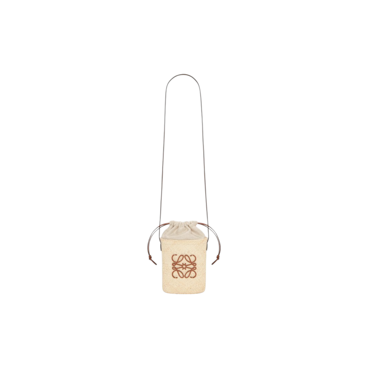Via Manzoni Boutique LOEWE raffia bucket bag with tan leather Anagram logo and adjustable shoulder strap