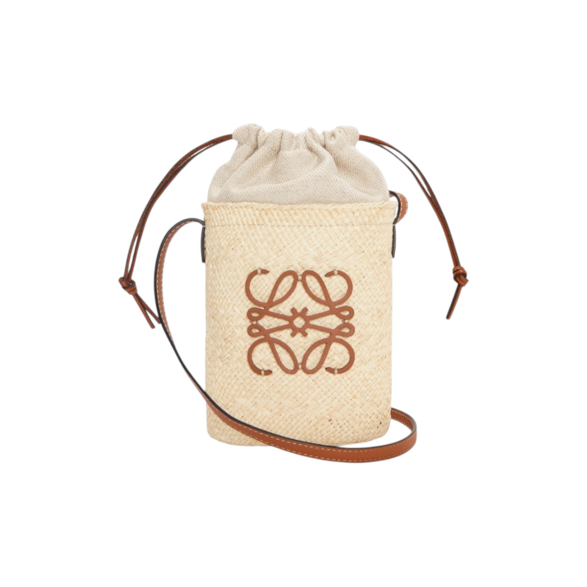 Via Manzoni Boutique LOEWE raffia bucket bag with tan leather Anagram logo and drawstring closure