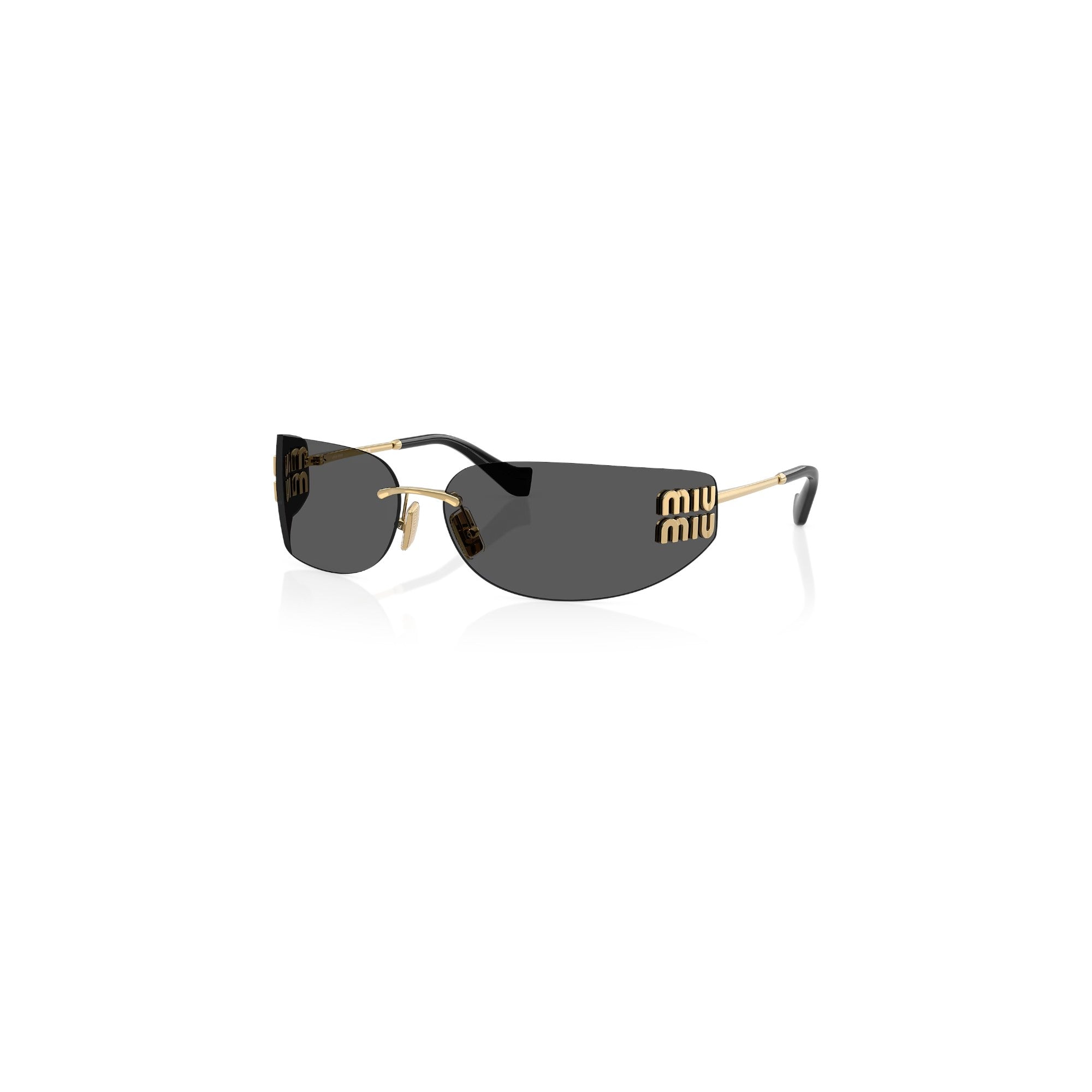 Via Manzoni Boutique Miu Miu Aube rimless shield sunglasses with gold-tone metal temples and dark grey lenses.