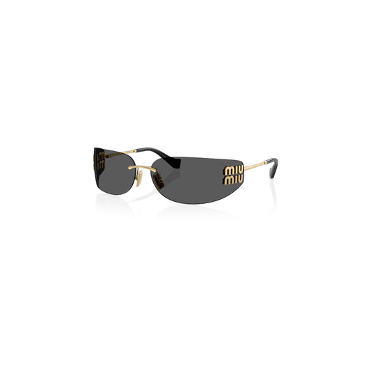 Via Manzoni Boutique Miu Miu Aube rimless shield sunglasses with gold-tone metal temples and dark grey lenses.