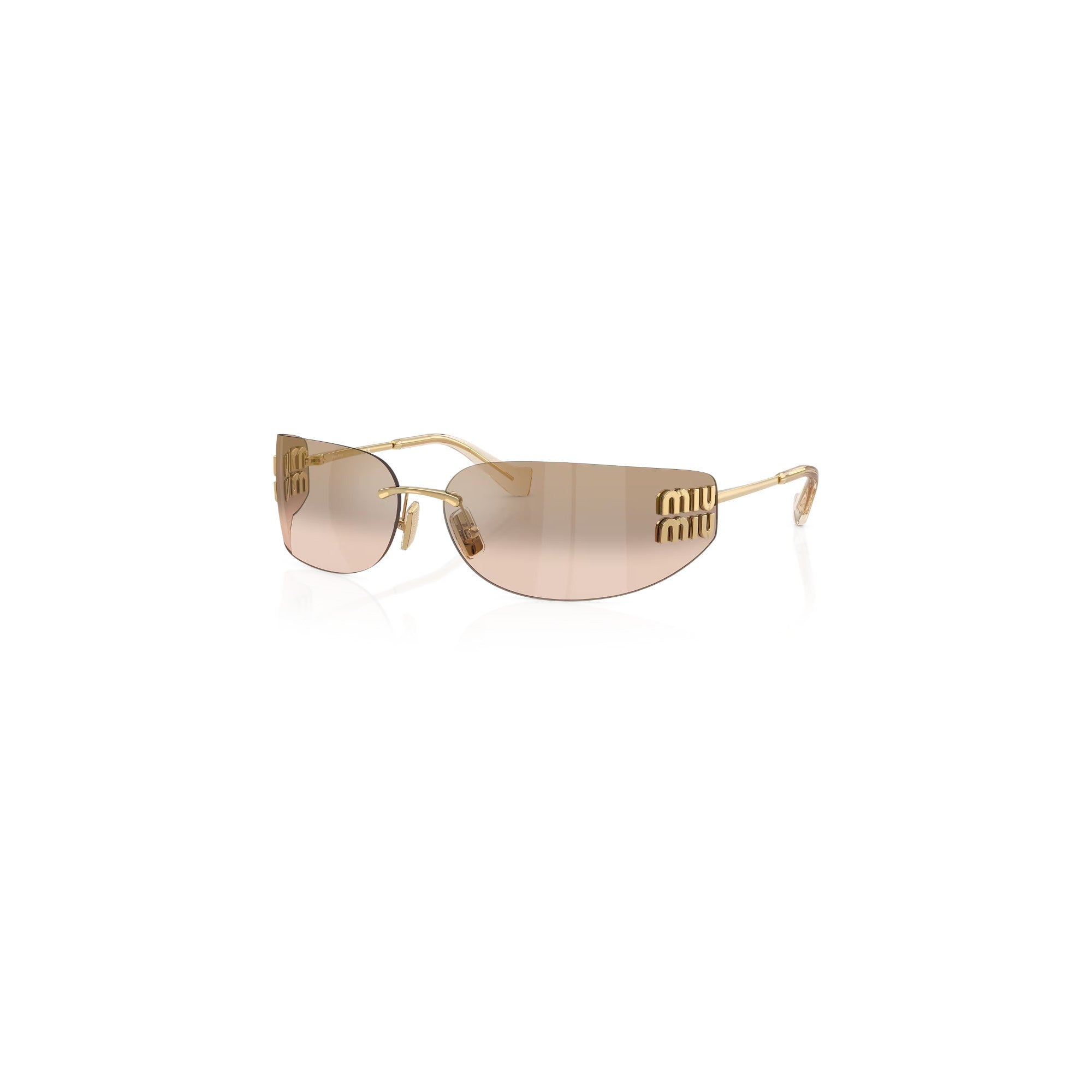 Via Manzoni Boutique Miu Miu Aube rimless shield sunglasses with gold-tone metal frames and bronze mirror lenses.