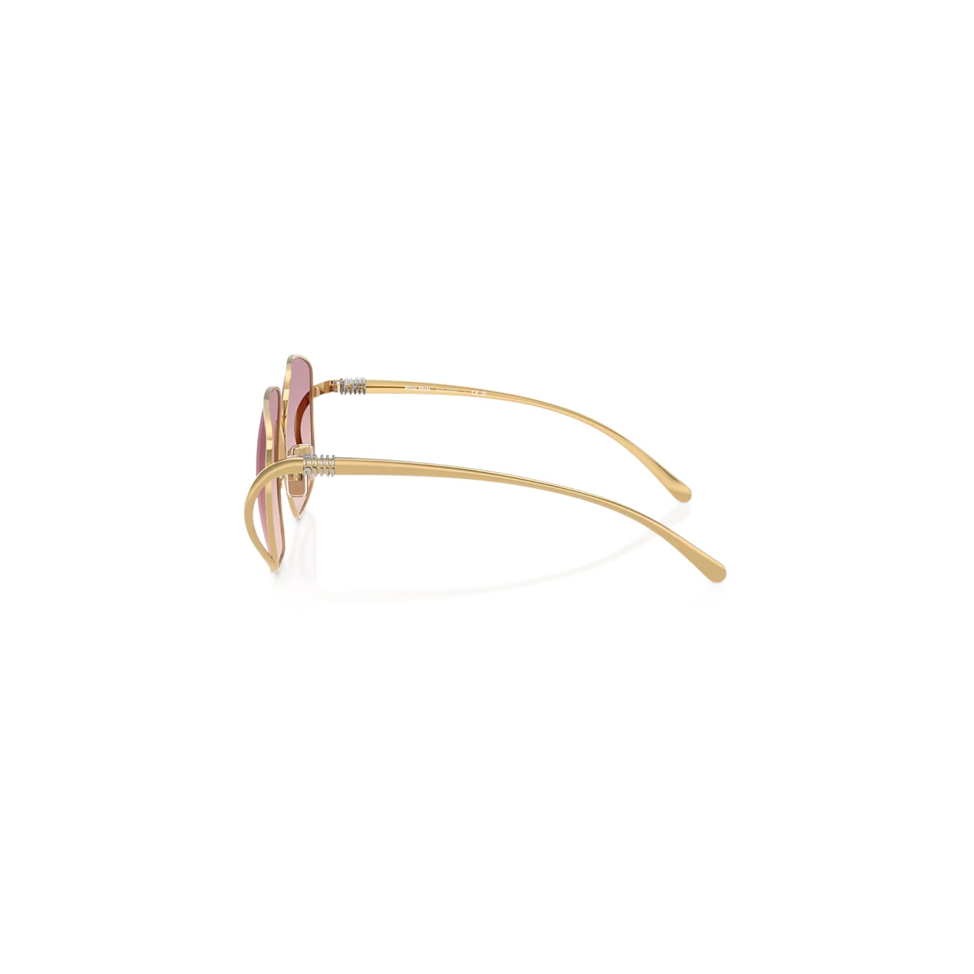 Via Manzoni Boutique Miu Miu square sunglasses in pale gold metal with brown lenses, side profile view.