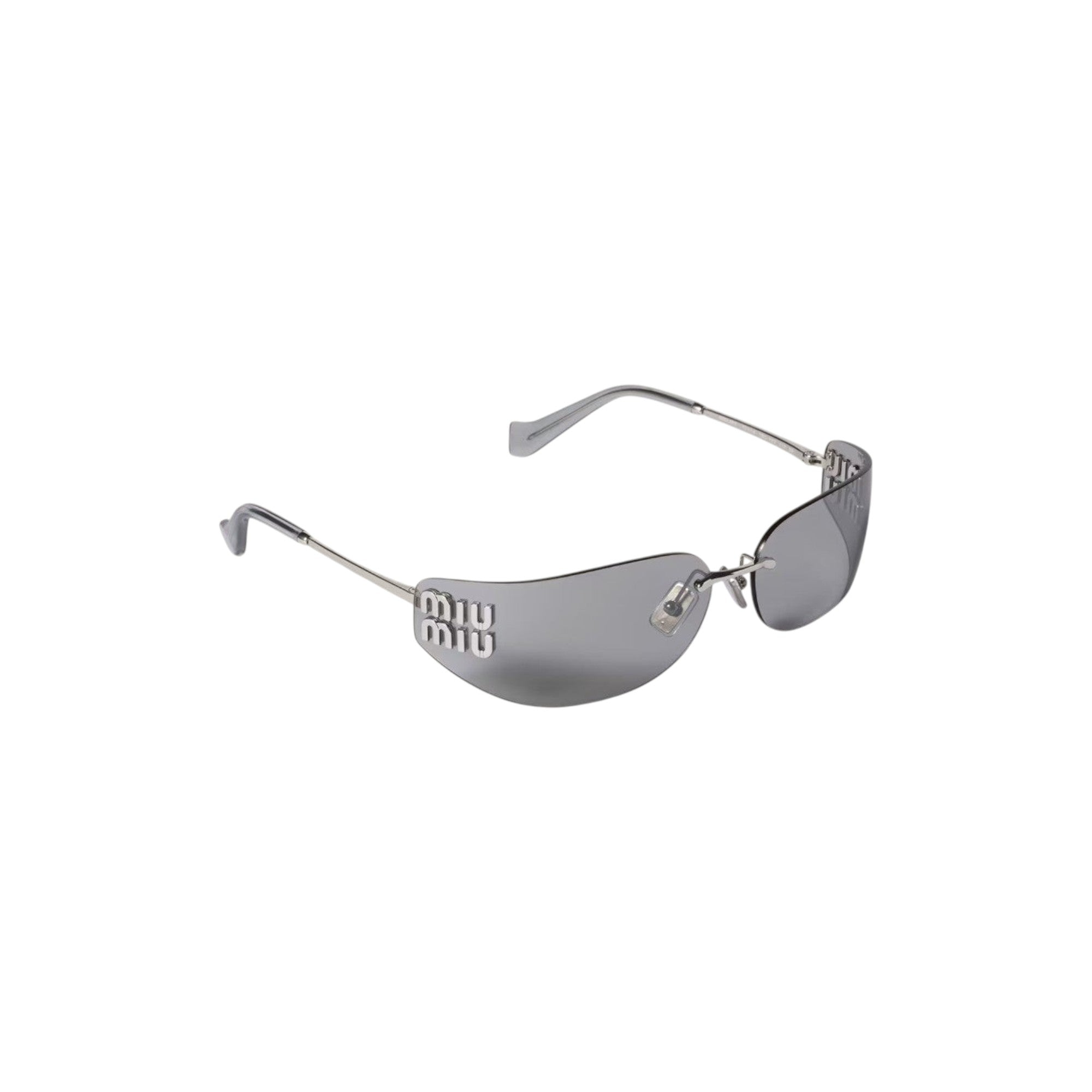 Via Manzoni Boutique silver-tone metal shield sunglasses with translucent grey lenses and Miu Miu logo detail.