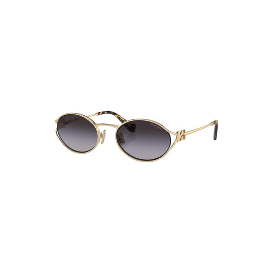 Via Manzoni Boutique Miu Miu oval sunglasses with pale gold metal frame and grey gradient lenses. Features Miu Miu logo detail on temples.