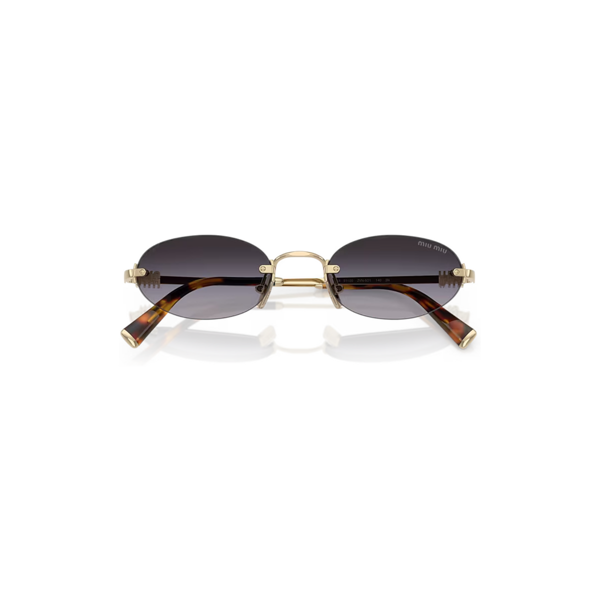 Via Manzoni Boutique Miu Miu 椭圆形无框太阳镜，配有淡金色金属镜框和灰色渐变镜片