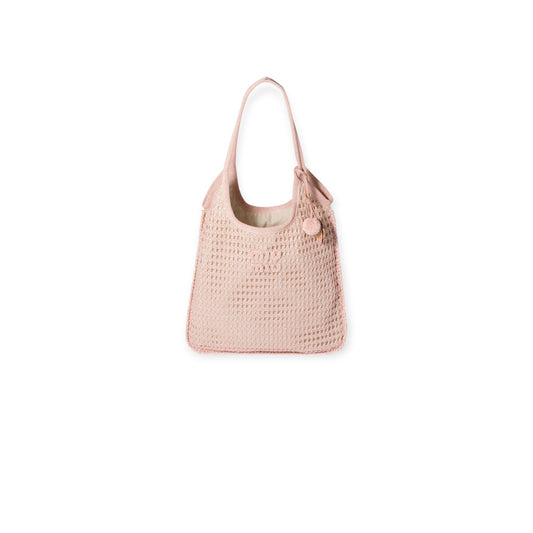 Via Manzoni Boutique Miu Miu Ivy orchid pink raffia crochet tote bag with leather details and pom-pom charm