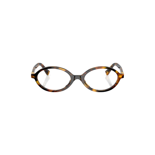 Via Manzoni Boutique Miu Miu Regard oval acetate sunglasses in honey havana tortoiseshell with thin rims and Miu Miu logo on temples.
