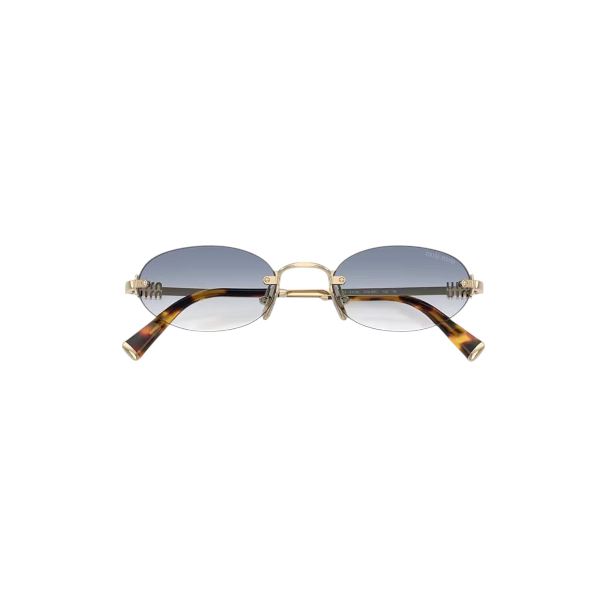 Via Manzoni Boutique Miu Miu rimless oval sunglasses with pale gold metal frame and tortoiseshell temples. Gradient blue lenses.